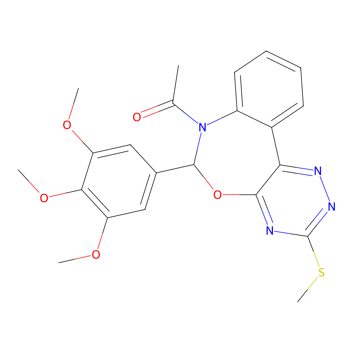 1-[3-methylsulfanyl-6-(3,4,5-trimethoxyphenyl)-6H-[1,2,4]triazino[5,6-d][3,1]benzoxazepin-7-yl]ethanone molecular structure, CAS 353518-46-4