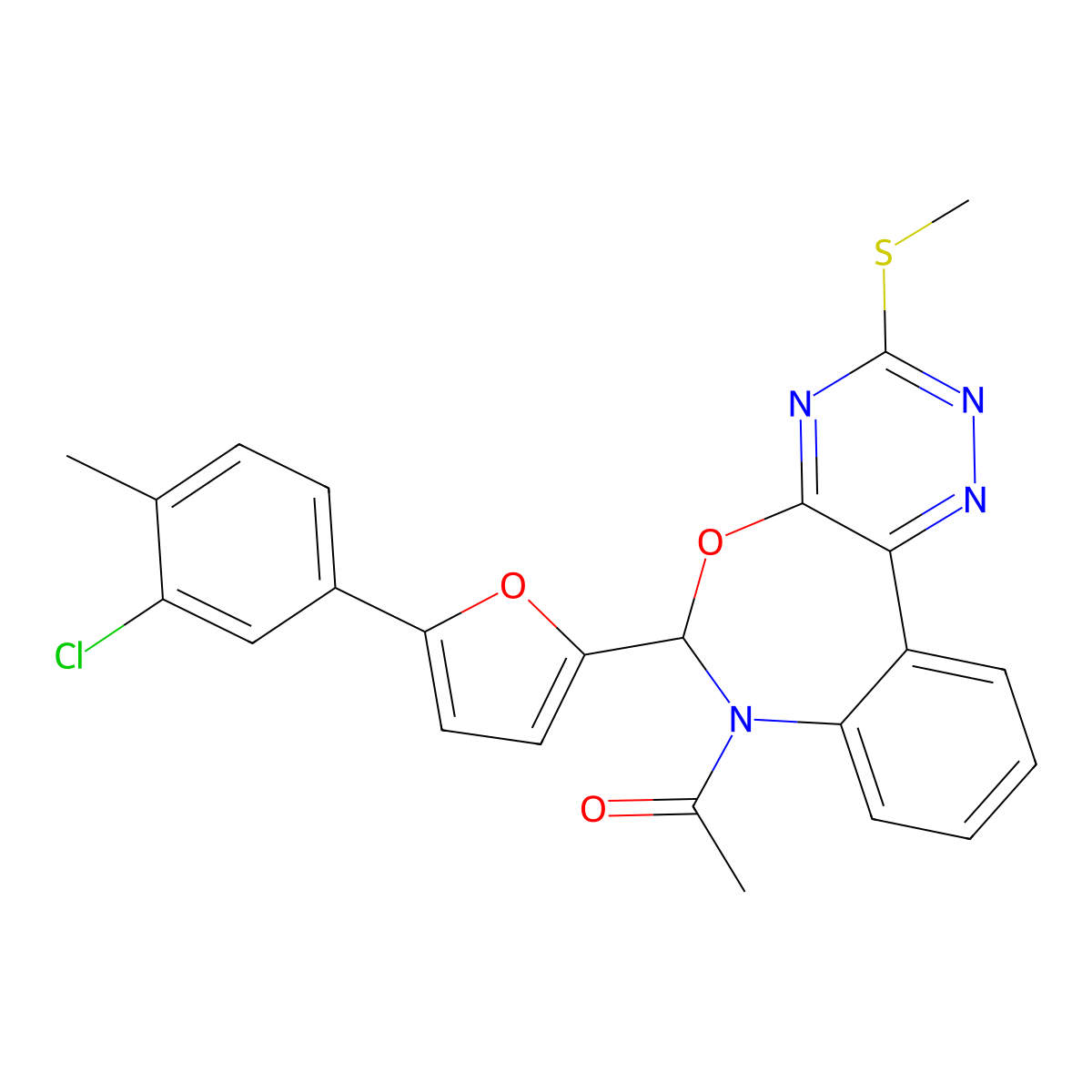 1-[6-[5-(3-chloro-4-methylphenyl)furan-2-yl]-3-methylsulfanyl-6H-[1,2,4]triazino[5,6-d][3,1]benzoxazepin-7-yl]ethanone molecular structure, CAS 353518-50-0