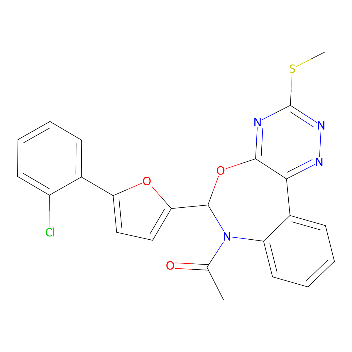 1-[6-[5-(2-chlorophenyl)furan-2-yl]-3-methylsulfanyl-6H-[1,2,4]triazino[5,6-d][3,1]benzoxazepin-7-yl]ethanone molecular structure, CAS 353518-52-2
