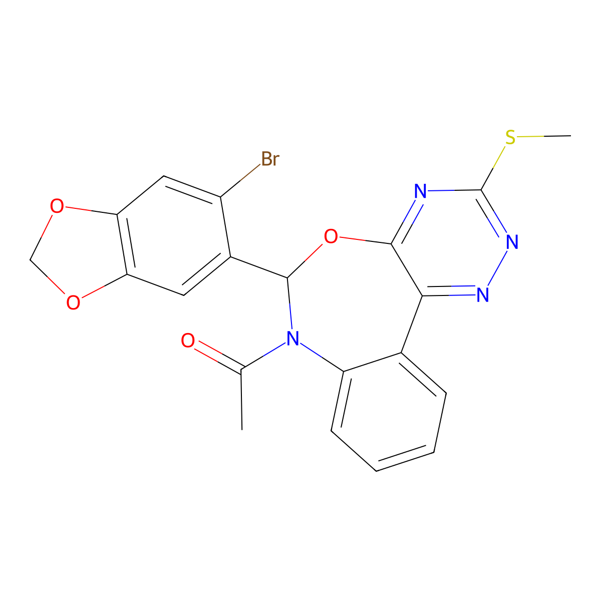 1-[6-(6-bromo-1,3-benzodioxol-5-yl)-3-methylsulfanyl-6H-[1,2,4]triazino[5,6-d][3,1]benzoxazepin-7-yl]ethanone molecular structure, CAS 353518-53-3
