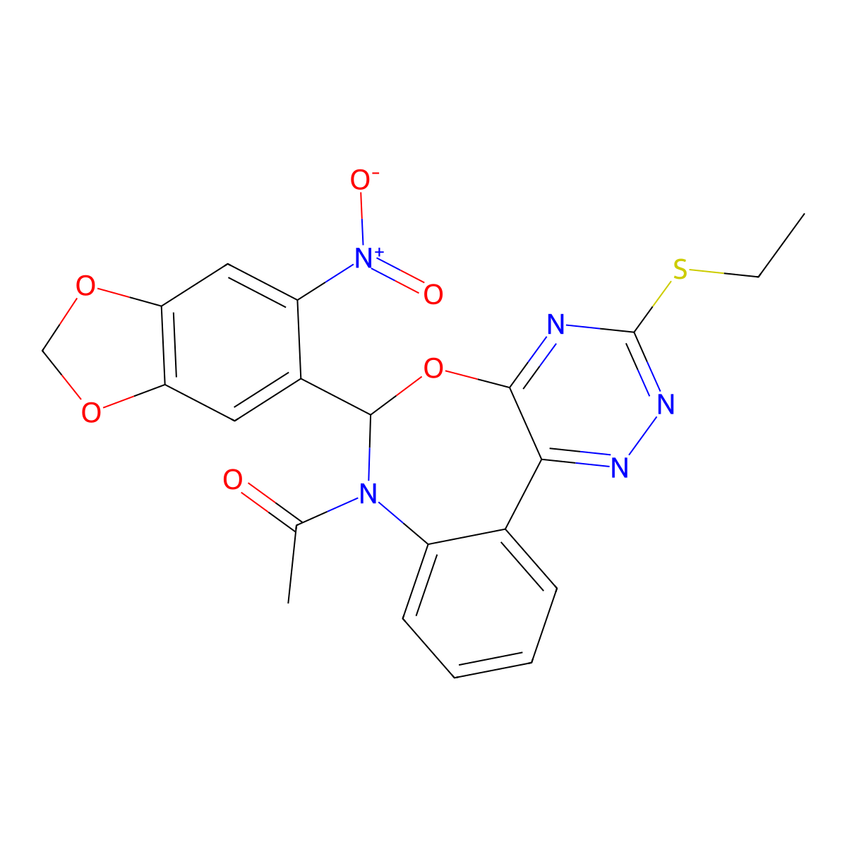 1-[3-ethylsulfanyl-6-(6-nitro-1,3-benzodioxol-5-yl)-6H-[1,2,4]triazino[5,6-d][3,1]benzoxazepin-7-yl]ethanone molecular structure, CAS 353518-95-3