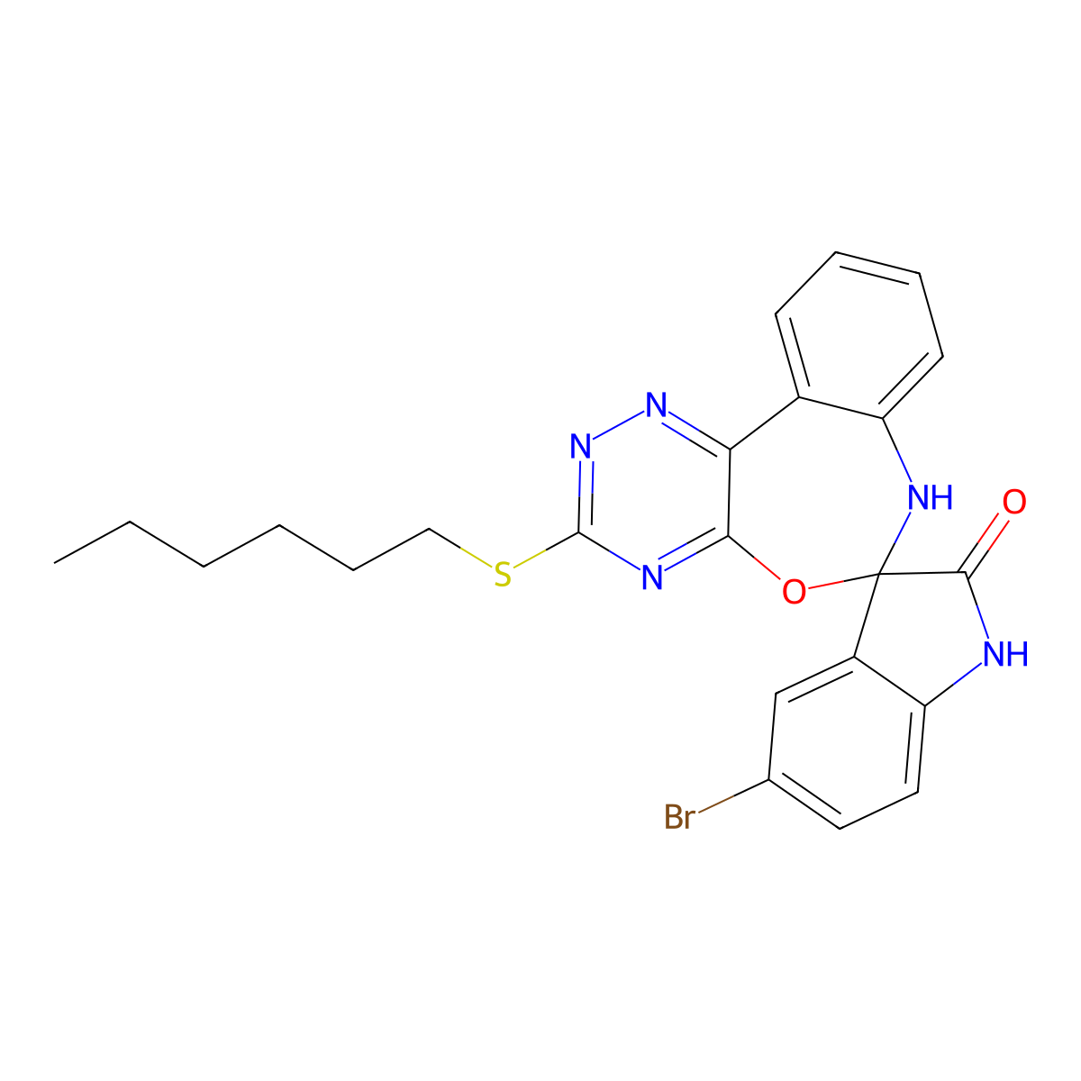 5-bromo-3'-(hexylsulfanyl)-1,3,6',7'-tetrahydrospiro(2H-indole-3,6'-[1,2,4]triazino[5,6-d][3,1]benzoxazepine)-2-one molecular structure, CAS 353519-37-6