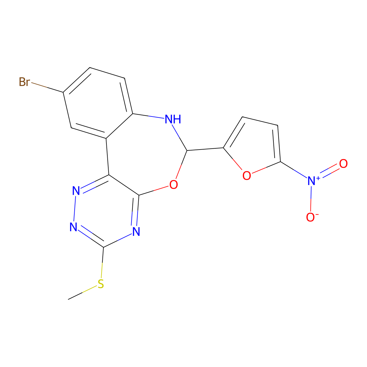 10-Bromo-3-methylsulfanyl-6-(5-nitrofuran-2-yl)-6,7-dihydro-[1,2,4]triazino[5,6-d][3,1]benzoxazepine molecular structure, CAS 353519-73-0