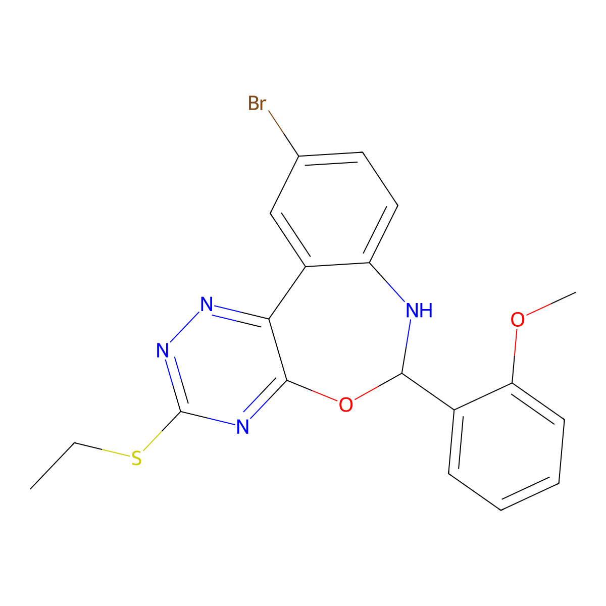 10-Bromo-3-ethylsulfanyl-6-(2-methoxyphenyl)-6,7-dihydro-[1,2,4]triazino[5,6-d][3,1]benzoxazepine molecular structure, CAS 353519-95-6