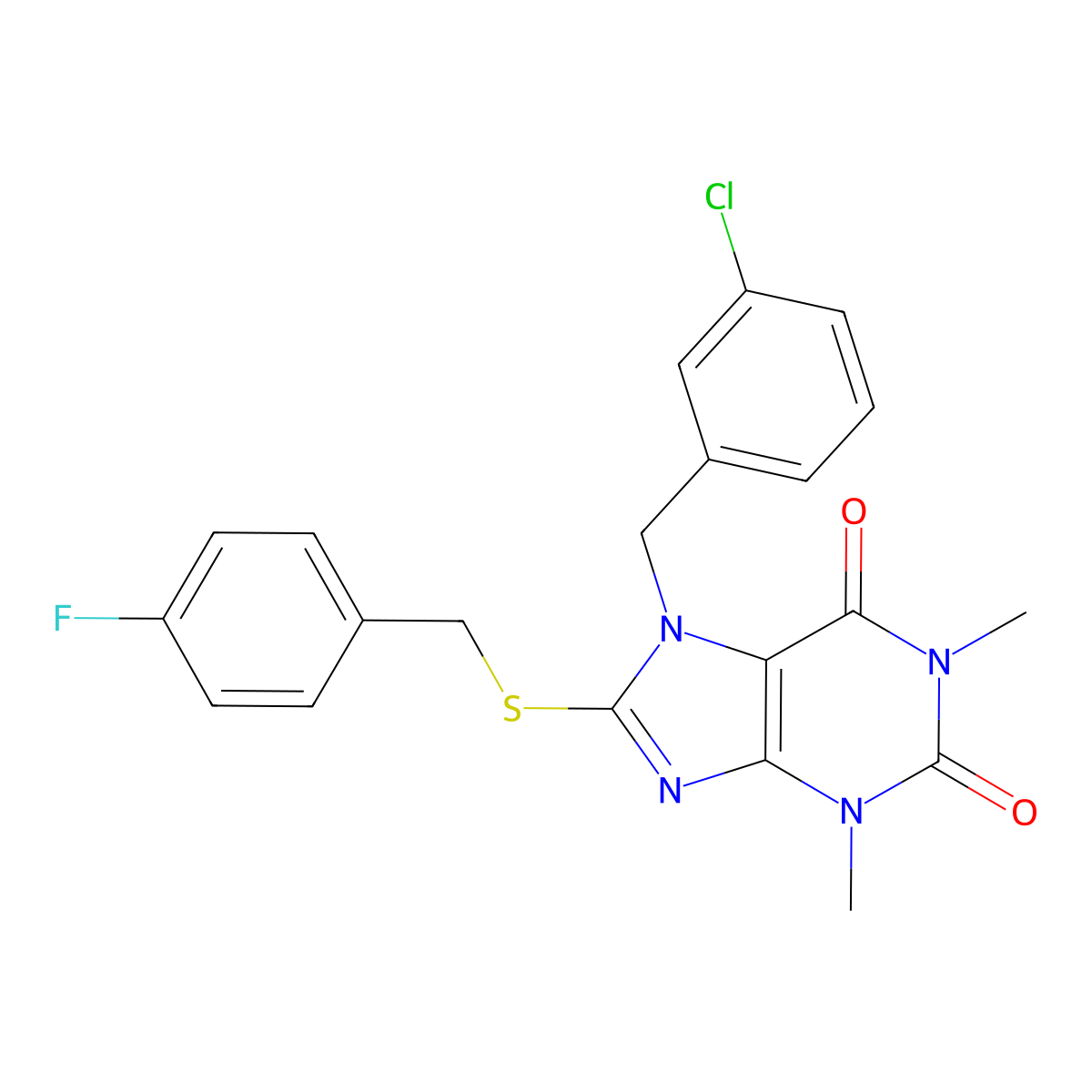 7-[(3-Chlorophenyl)methyl]-8-[(4-fluorophenyl)methylsulfanyl]-1,3-dimethylpurine-2,6-dione molecular structure, CAS 353761-66-7