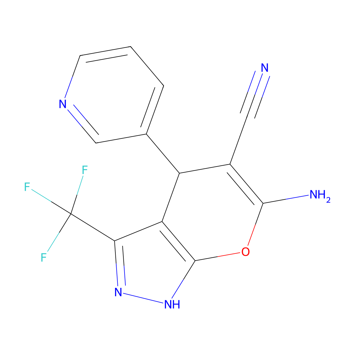 6-Amino-4-(pyridin-3-yl)-3-(trifluoromethyl)-1,4-dihydropyrano[2,3-c]pyrazole-5-carbonitrile molecular structure, CAS 353762-21-7
