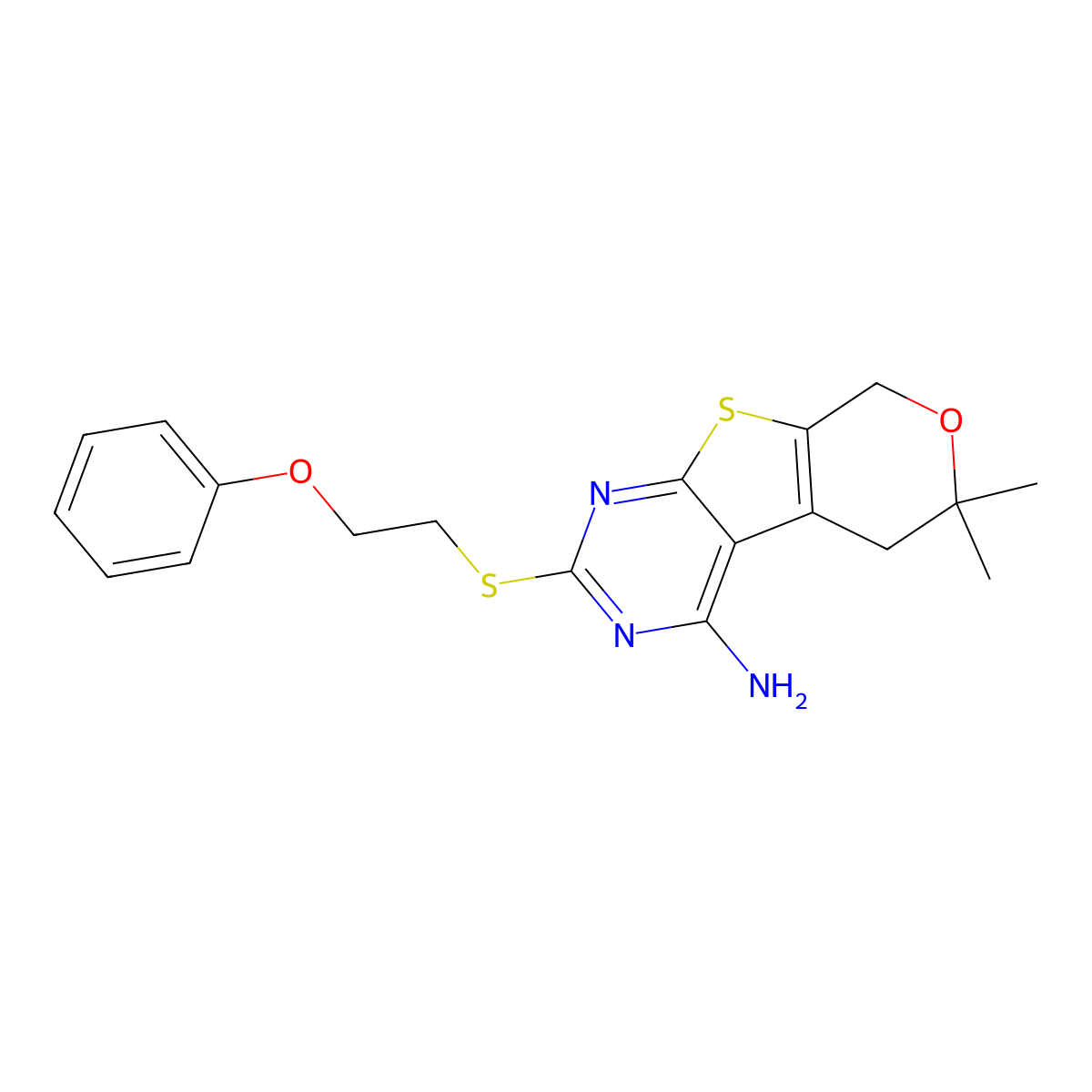 6,6-dimethyl-2-[(2-phenoxyethyl)sulfanyl]-5,8-dihydro-6H-pyrano[4',3':4,5]thieno[2,3-d]pyrimidin-4-amine molecular structure, CAS 353762-76-2