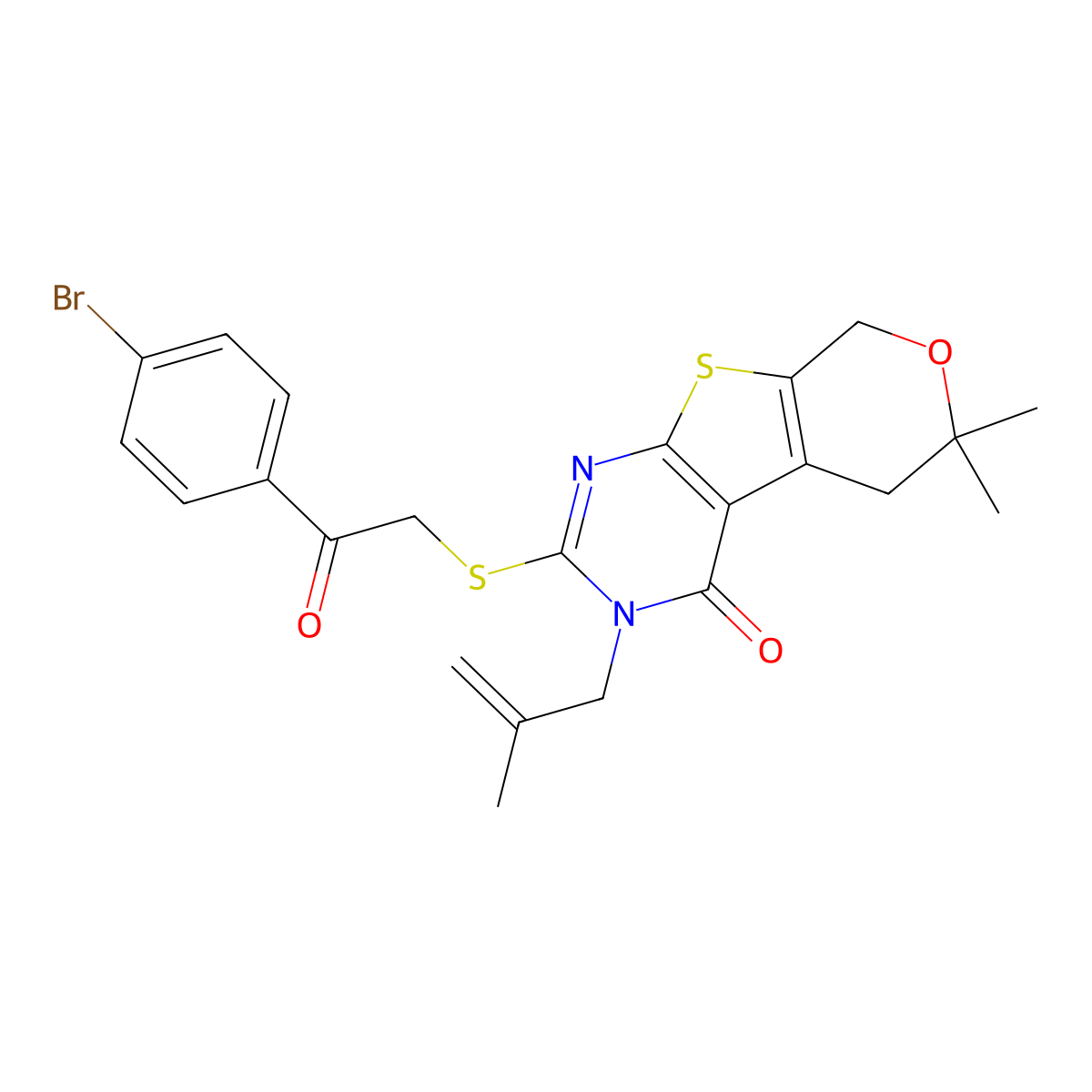 2-[2-(4-Bromophenyl)-2-oxoethyl]sulfanyl-6,6-dimethyl-3-(2-methylprop-2-enyl)-5,8-dihydropyrano[2,3]thieno[2,4-b]pyrimidin-4-one molecular structure, CAS 353762-77-3