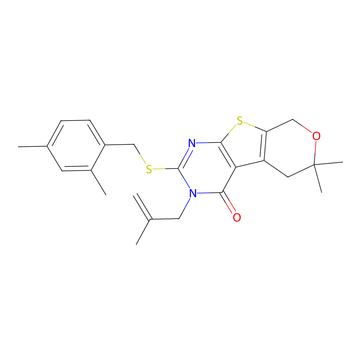2-[(2,4-dimethylbenzyl)sulfanyl]-6,6-dimethyl-3-(2-methyl-2-propenyl)-3,5,6,8-tetrahydro-4H-pyrano[4',3':4,5]thieno[2,3-d]pyrimidin-4-one molecular structure, CAS 353762-79-5