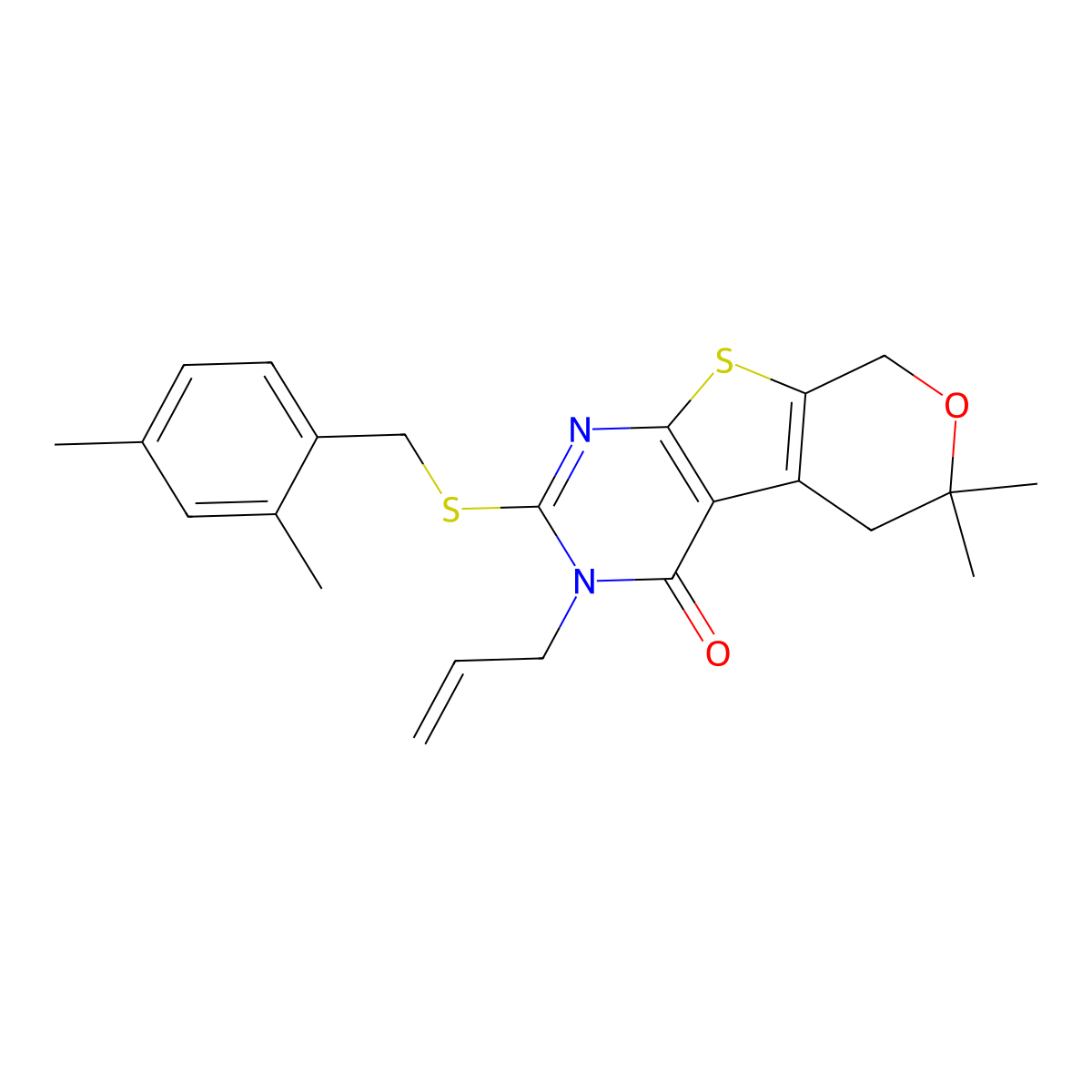 2-[(2,4-Dimethylphenyl)methylsulfanyl]-6,6-dimethyl-3-prop-2-enyl-5,8-dihydropyrano[2,3]thieno[2,4-b]pyrimidin-4-one molecular structure, CAS 353762-96-6