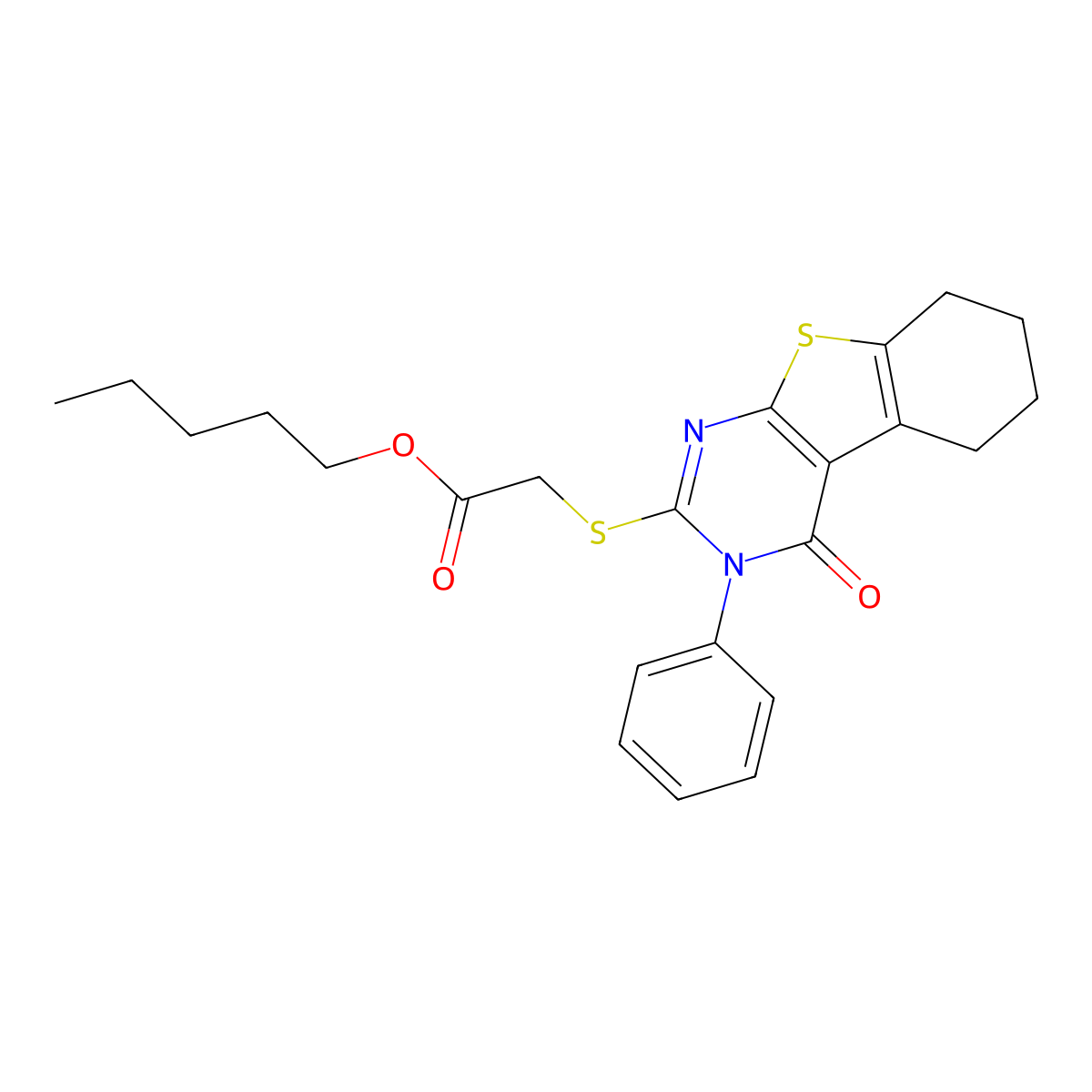 Pentyl [(4-oxo-3-phenyl-3,4,5,6,7,8-hexahydro[1]benzothieno[2,3-d]pyrimidin-2-yl)sulfanyl]acetate molecular structure, CAS 353762-99-9