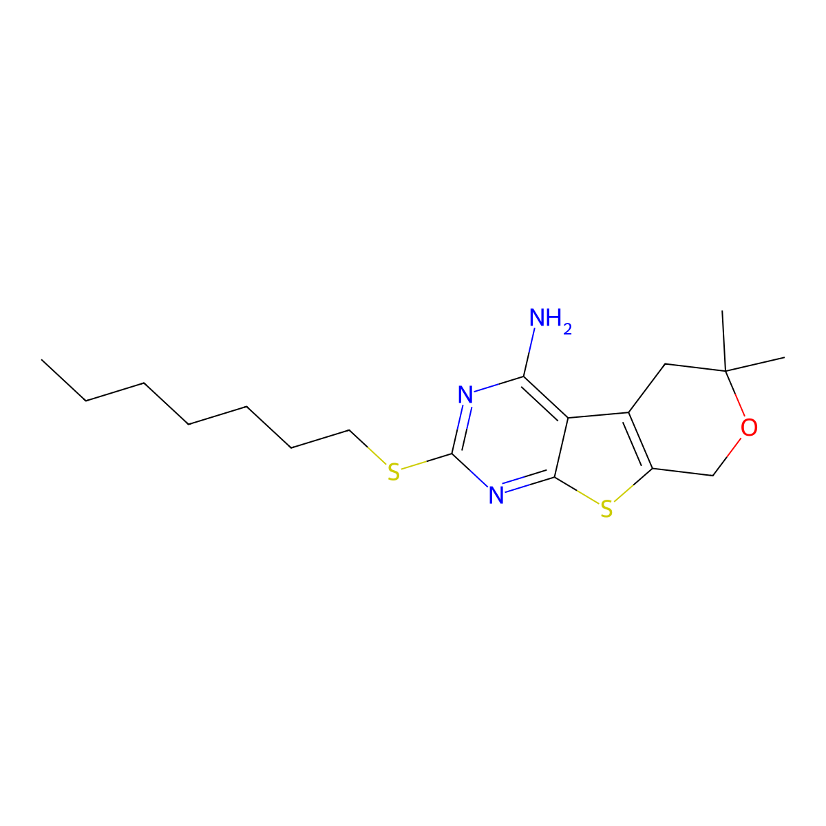 2-(heptylsulfanyl)-6,6-dimethyl-5,8-dihydro-6H-pyrano[4',3':4,5]thieno[2,3-d]pyrimidin-4-amine molecular structure, CAS 353763-01-6