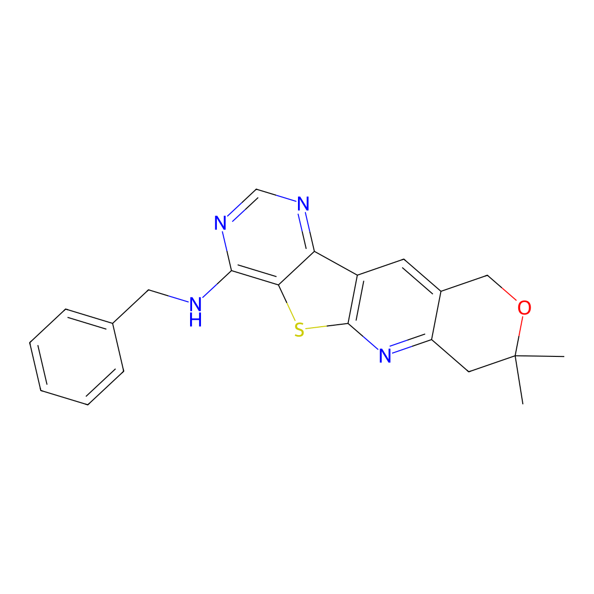N-benzyl-8,8-dimethyl-7,10-dihydro-8H-pyrano[3'',4'':5',6']pyrido[3',2':4,5]thieno[3,2-d]pyrimidin-4-amine molecular structure, CAS 353763-31-2