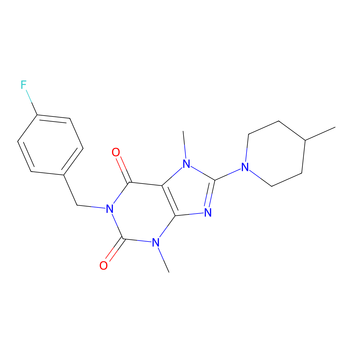 1-[(4-Fluorophenyl)methyl]-3,7-dimethyl-8-(4-methylpiperidin-1-yl)purine-2,6-dione molecular structure, CAS 353763-43-6