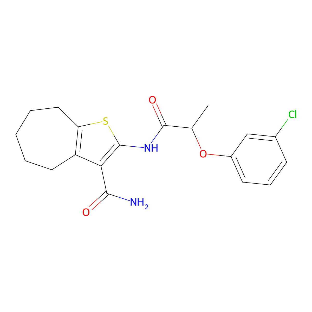 2-{[2-(3-chlorophenoxy)propanoyl]amino}-5,6,7,8-tetrahydro-4H-cyclohepta[b]thiophene-3-carboxamide molecular structure, CAS 353764-82-6