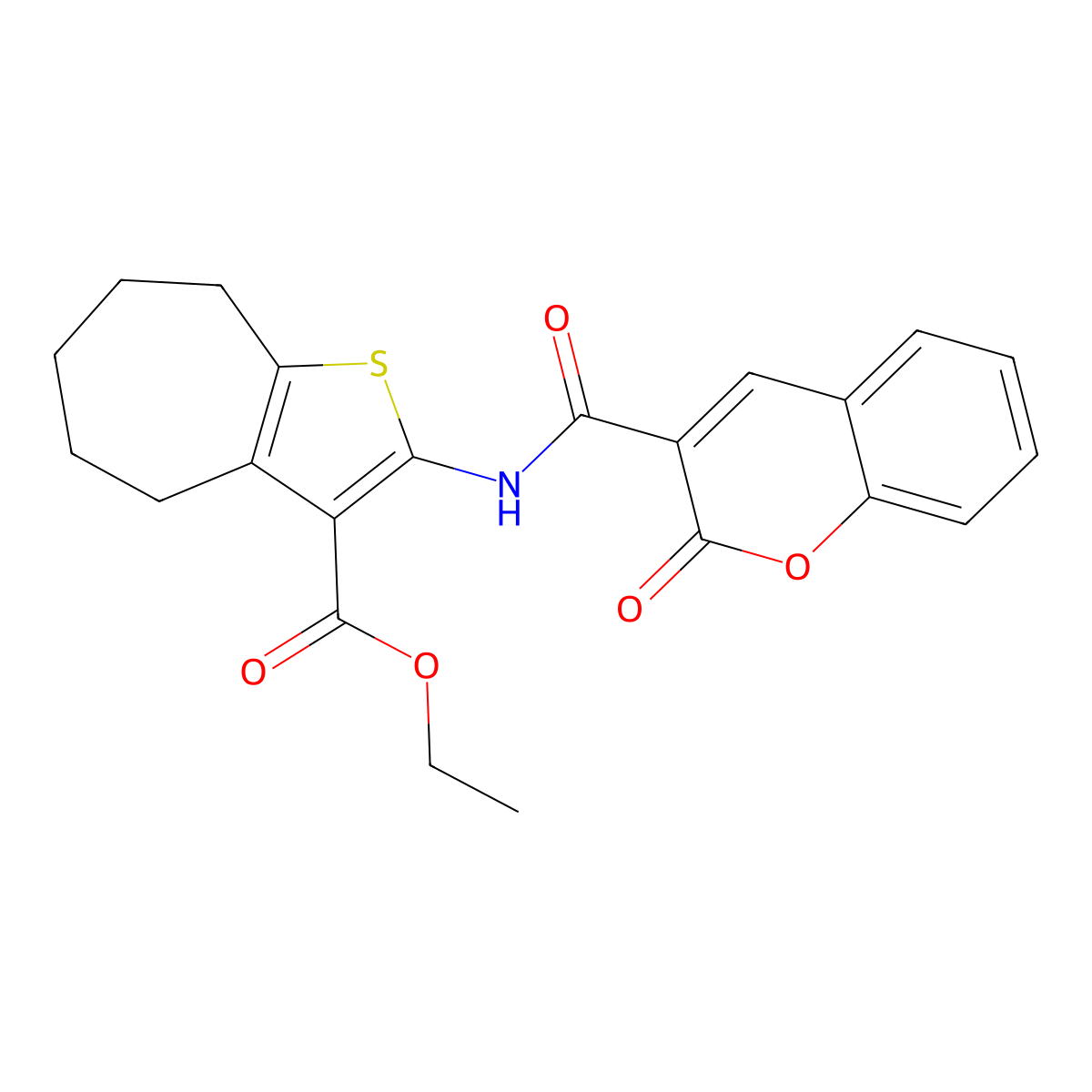 ethyl 2-[(2-oxochromene-3-carbonyl)amino]-5,6,7,8-tetrahydro-4H-cyclohepta[b]thiophene-3-carboxylate molecular structure, CAS 353764-86-0