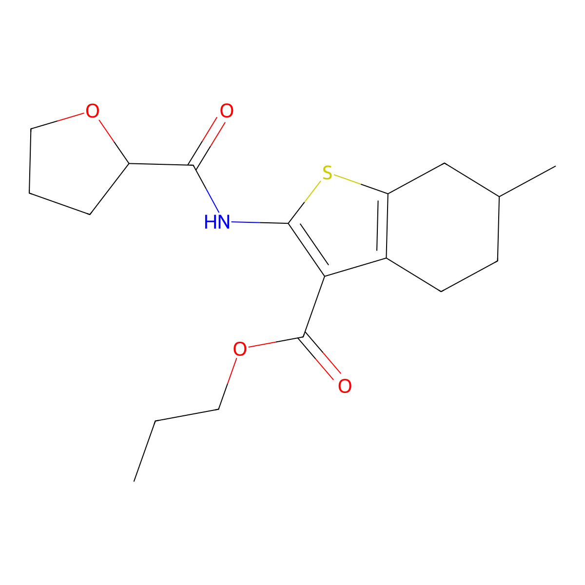 Propyl 6-methyl-2-(oxolane-2-carbonylamino)-4,5,6,7-tetrahydro-1-benzothiophene-3-carboxylate molecular structure, CAS 353765-42-1
