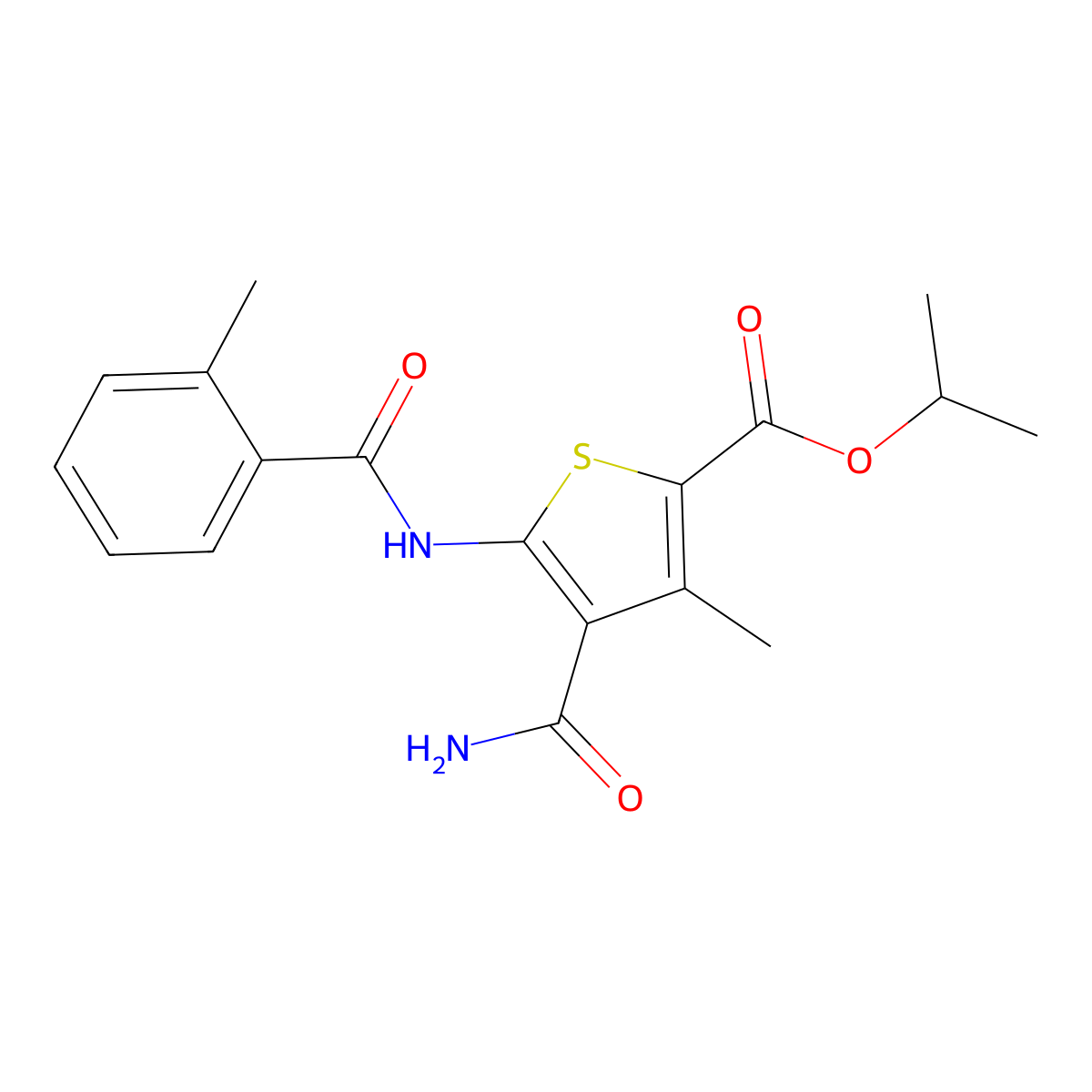 Isopropyl 4-(aminocarbonyl)-3-methyl-5-[(2-methylbenzoyl)amino]-2-thiophenecarboxylate molecular structure, CAS 353765-98-7