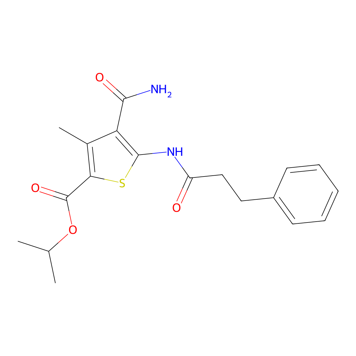 Propan-2-yl 4-carbamoyl-3-methyl-5-(3-phenylpropanoylamino)thiophene-2-carboxylate molecular structure, CAS 353766-10-6