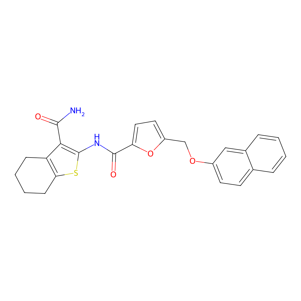 N-(3-carbamoyl-4,5,6,7-tetrahydro-1-benzothiophen-2-yl)-5-(naphthalen-2-yloxymethyl)furan-2-carboxamide molecular structure, CAS 353767-02-9