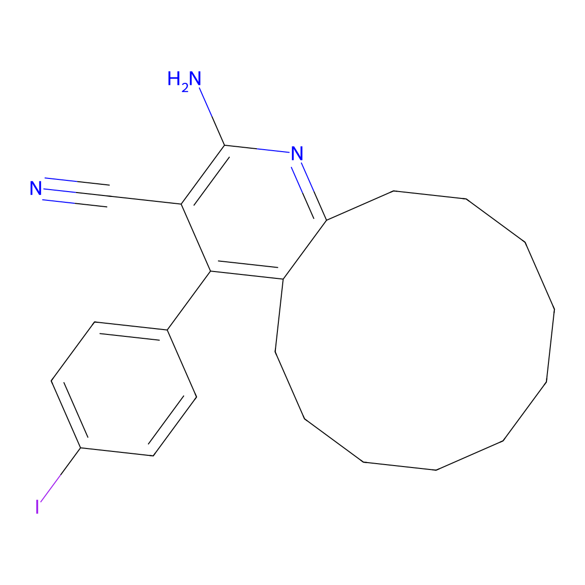 2-Amino-4-(4-iodophenyl)-5,6,7,8,9,10,11,12,13,14-decahydrocyclododeca[b]pyridine-3-carbonitrile molecular structure, CAS 353767-06-3