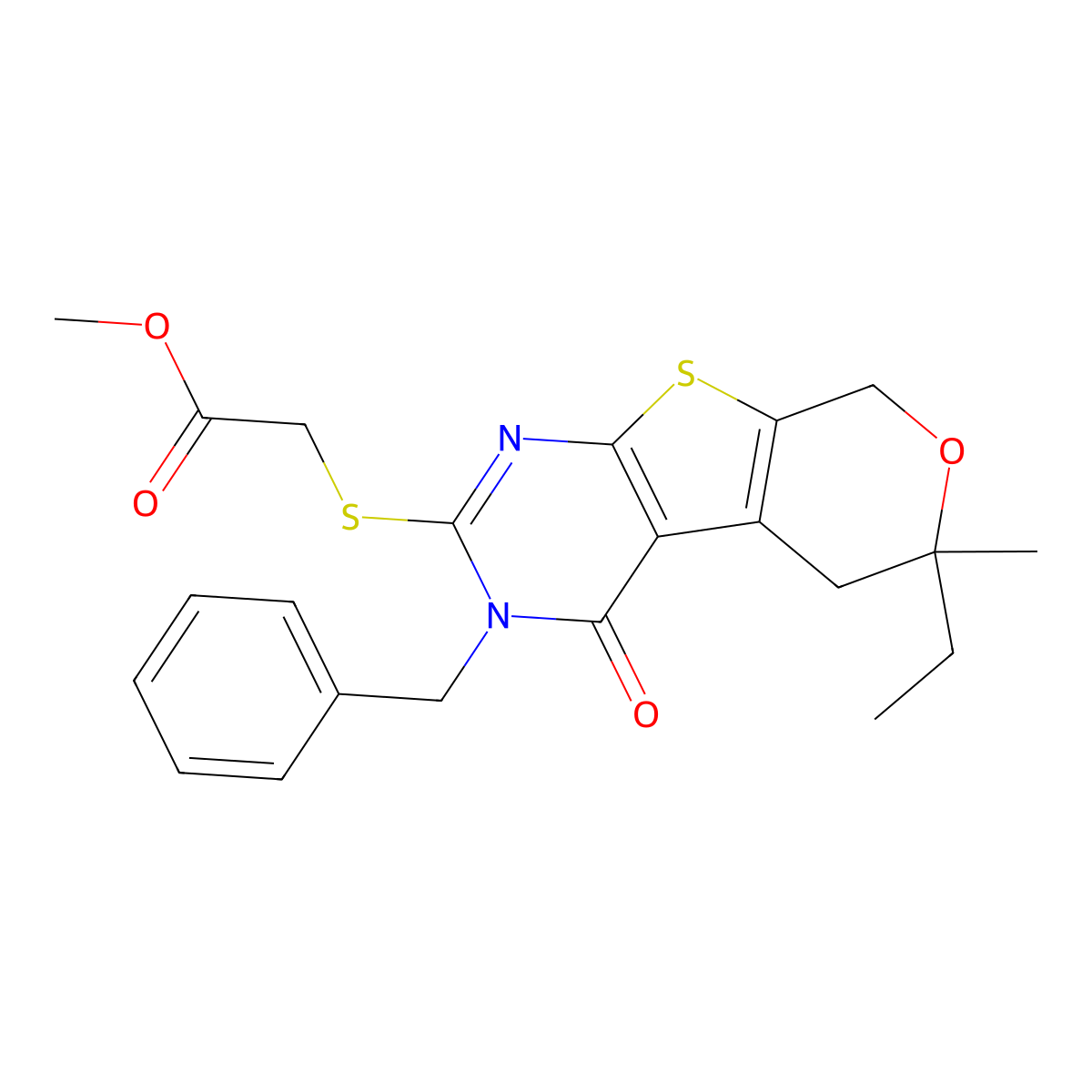 methyl [(3-benzyl-6-ethyl-6-methyl-4-oxo-3,5,6,8-tetrahydro-4H-pyrano[4',3':4,5]thieno[2,3-d]pyrimidin-2-yl)sulfanyl]acetate molecular structure, CAS 353767-51-8