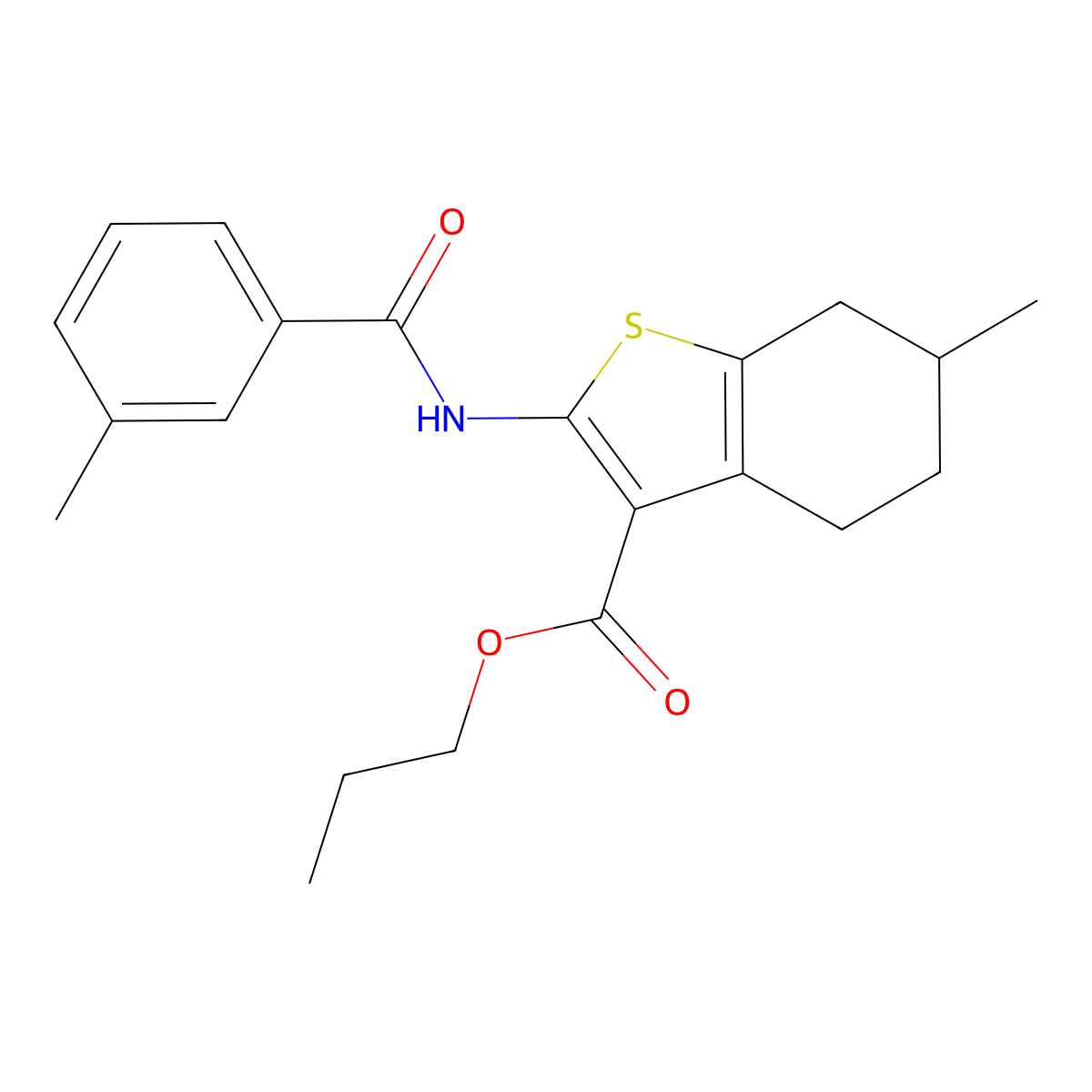Propyl 6-methyl-2-[(3-methylbenzoyl)amino]-4,5,6,7-tetrahydro-1-benzothiophene-3-carboxylate molecular structure, CAS 353768-11-3