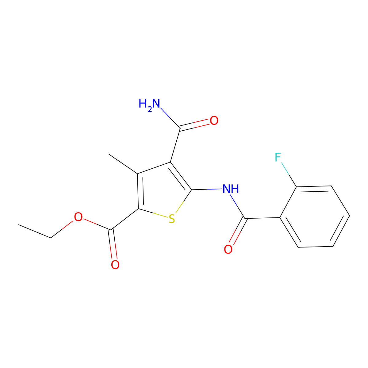 Ethyl 4-(aminocarbonyl)-5-[(2-fluorobenzoyl)amino]-3-methyl-2-thiophenecarboxylate molecular structure, CAS 353769-98-9