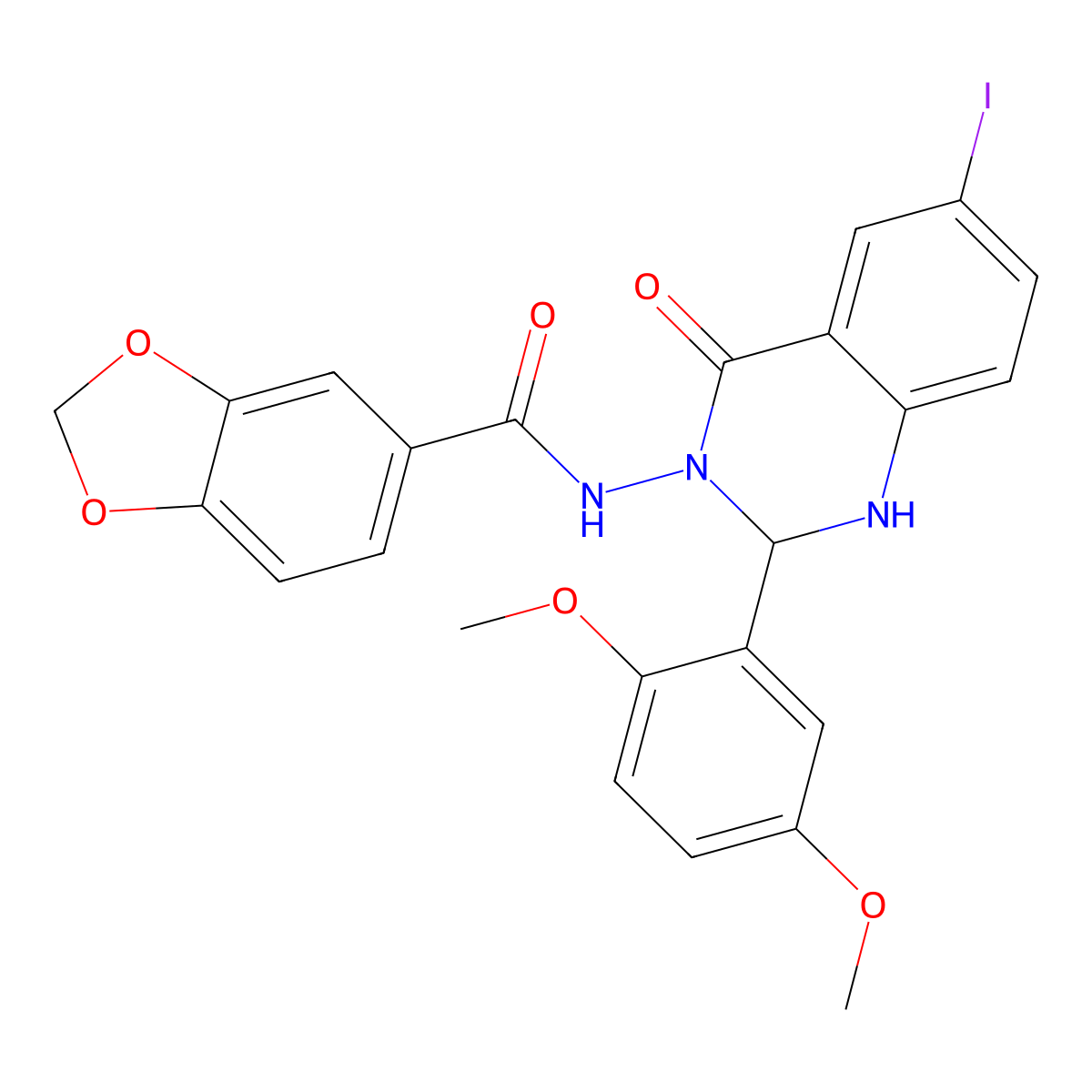 N-[2-(2,5-dimethoxyphenyl)-6-iodo-4-oxo-1,2-dihydroquinazolin-3-yl]-1,3-benzodioxole-5-carboxamide molecular structure, CAS 353770-23-7