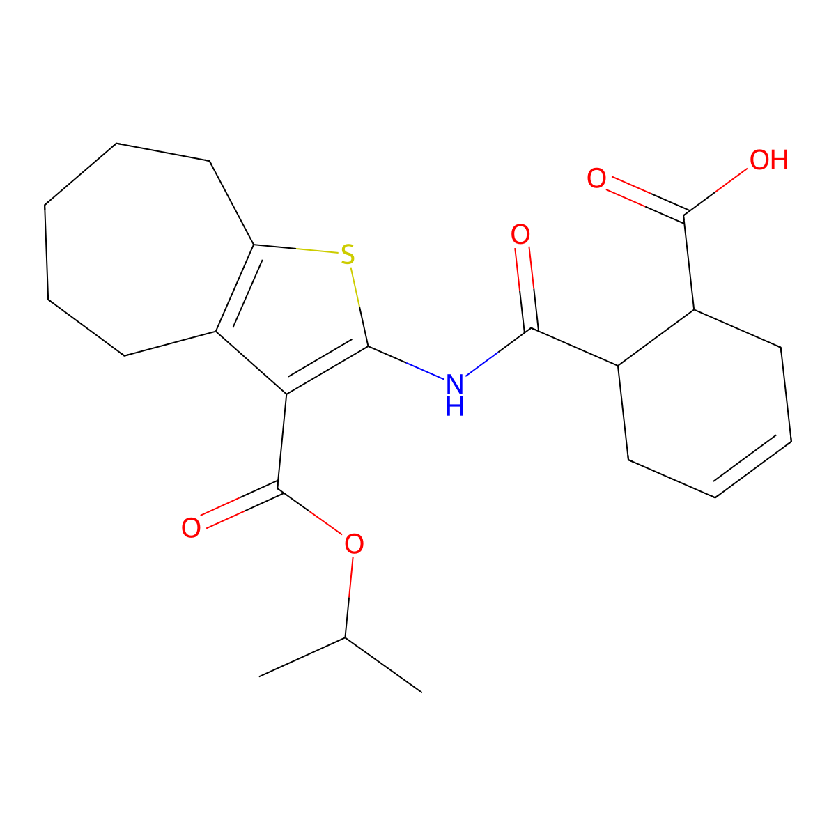 6-[(3-propan-2-yloxycarbonyl-5,6,7,8-tetrahydro-4H-cyclohepta[b]thiophen-2-yl)carbamoyl]cyclohex-3-ene-1-carboxylic acid molecular structure, CAS 353770-43-1