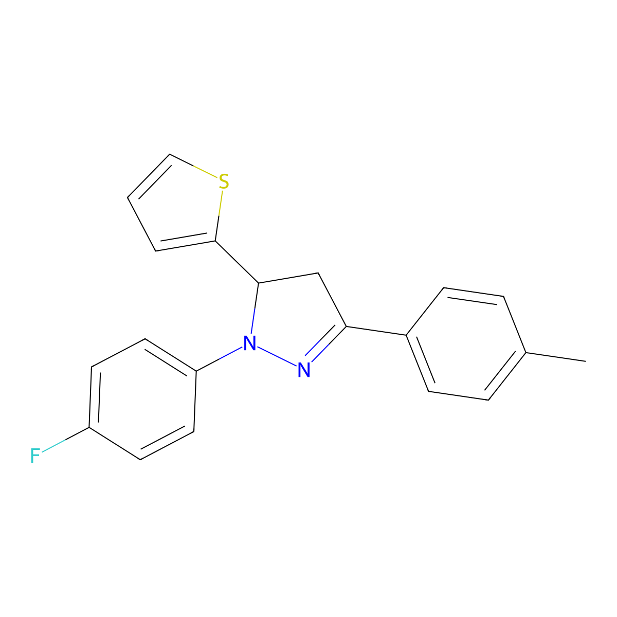 1-(4-fluorophenyl)-3-(4-methylphenyl)-5-(2-thienyl)-4,5-dihydro-1H-pyrazole molecular structure, CAS 353770-89-5