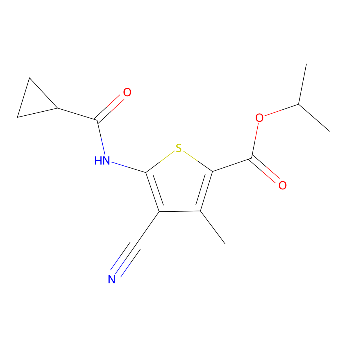 Isopropyl 4-cyano-5-[(cyclopropylcarbonyl)amino]-3-methyl-2-thiophenecarboxylate molecular structure, CAS 353771-13-8