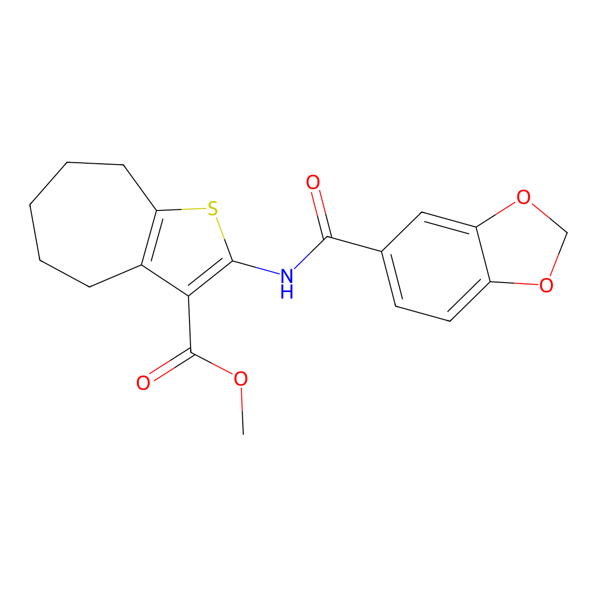 methyl 2-(1,3-benzodioxole-5-carbonylamino)-5,6,7,8-tetrahydro-4H-cyclohepta[b]thiophene-3-carboxylate molecular structure, CAS 353771-57-0