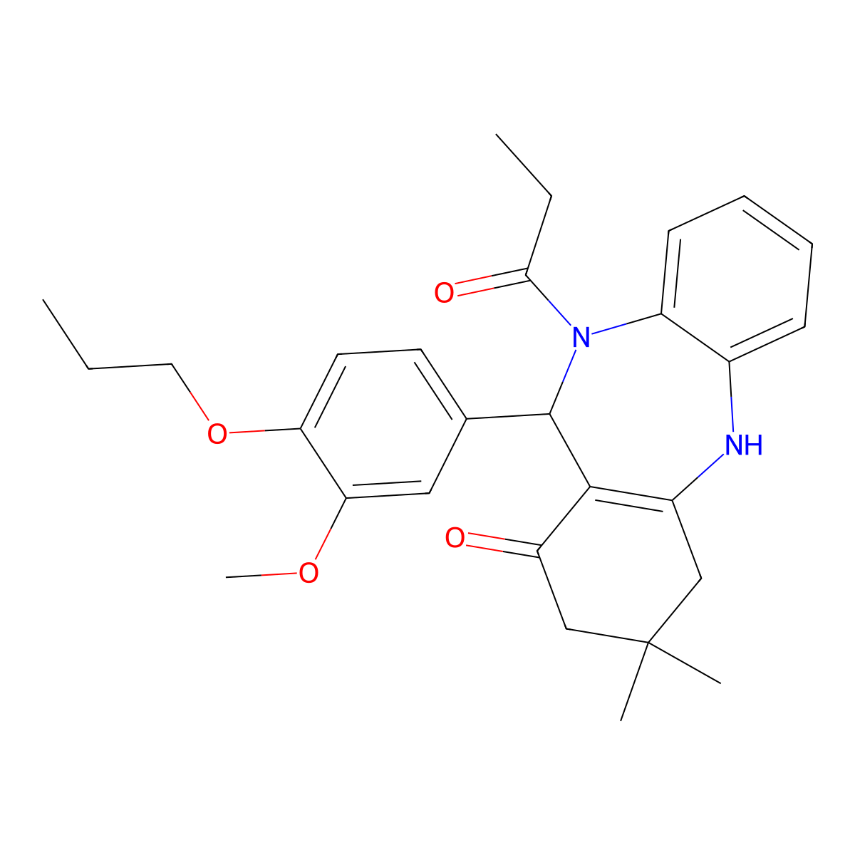 2,3,4,5,10,11-Hexahydro-11-(3-methoxy-4-propoxyphenyl)-3,3-dimethyl-10-(1-oxopropyl)-1H-dibenzo(b,e)(1,4)diazepin-1-one molecular structure, CAS 353772-46-0
