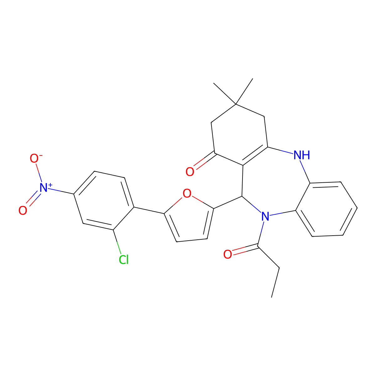 6-[5-(2-Chloro-4-nitrophenyl)furan-2-yl]-9,9-dimethyl-5-propanoyl-6,8,10,11-tetrahydrobenzo[b][1,4]benzodiazepin-7-one molecular structure, CAS 353772-52-8