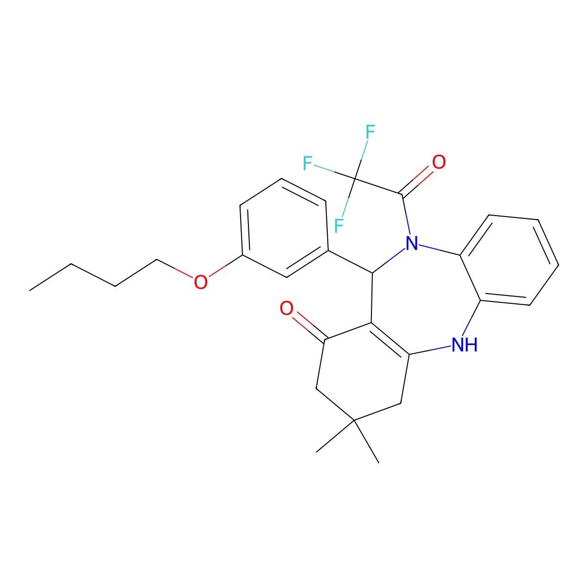 6-(3-Butoxyphenyl)-9,9-dimethyl-5-(2,2,2-trifluoroacetyl)-6,8,10,11-tetrahydrobenzo[b][1,4]benzodiazepin-7-one molecular structure, CAS 353772-54-0