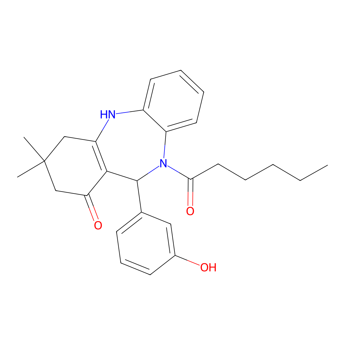 5-Hexanoyl-6-(3-hydroxyphenyl)-9,9-dimethyl-6,8,10,11-tetrahydrobenzo[b][1,4]benzodiazepin-7-one molecular structure, CAS 353772-56-2