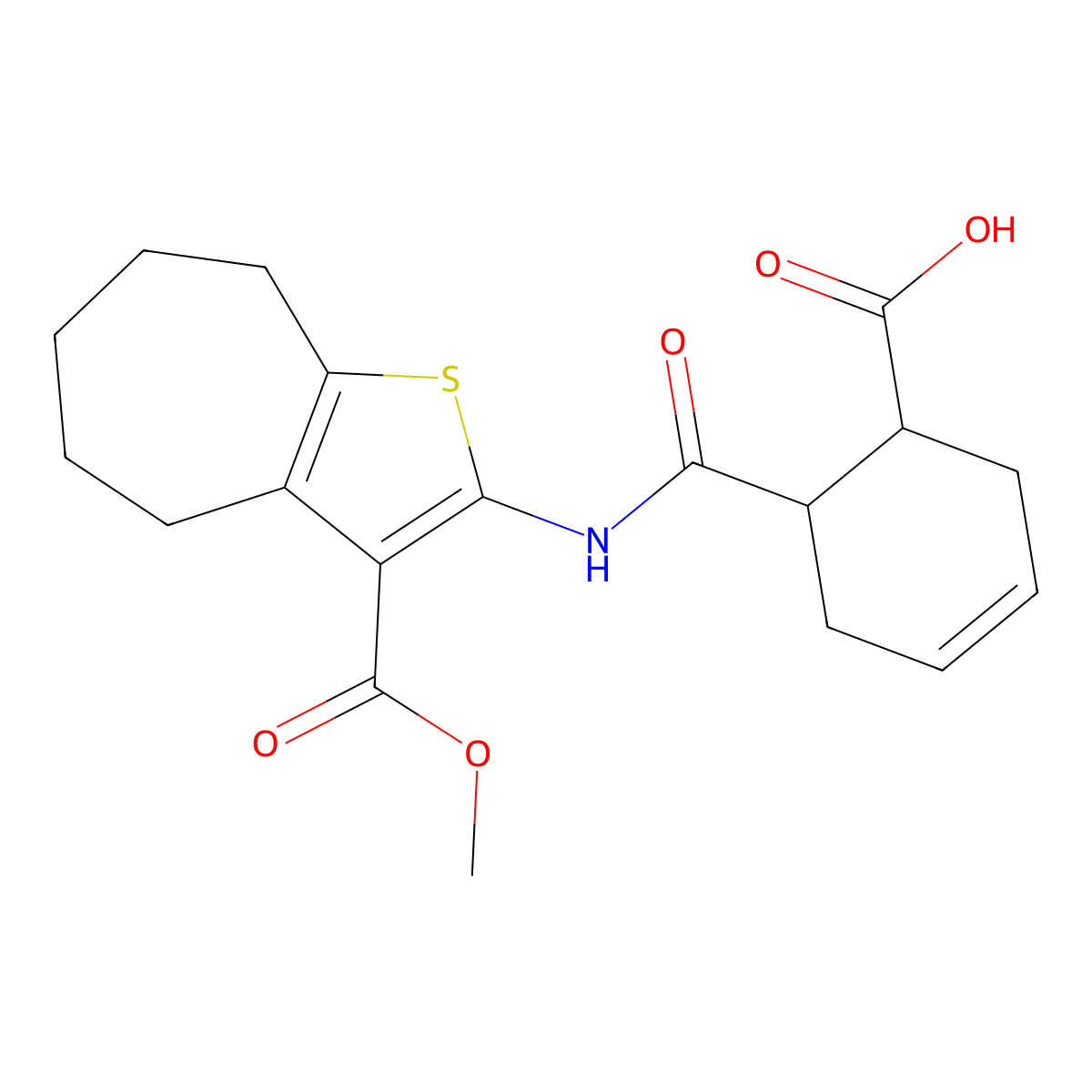 6-[(3-methoxycarbonyl-5,6,7,8-tetrahydro-4H-cyclohepta[b]thiophen-2-yl)carbamoyl]cyclohex-3-ene-1-carboxylic acid molecular structure, CAS 353773-83-8