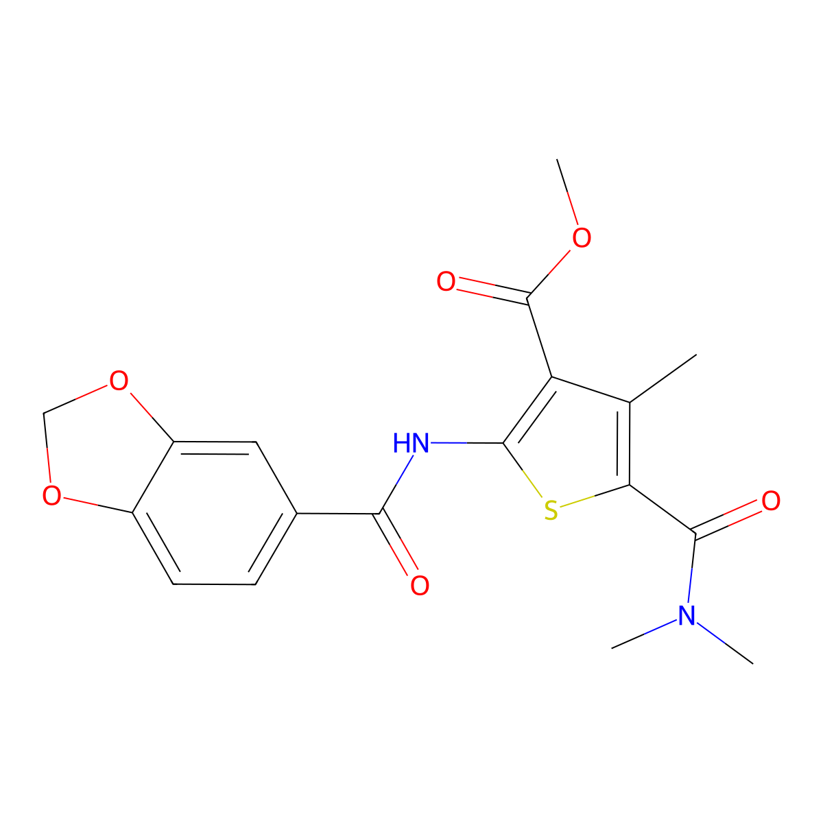 Methyl 2-(1,3-benzodioxole-5-carbonylamino)-5-(dimethylcarbamoyl)-4-methylthiophene-3-carboxylate molecular structure, CAS 353774-26-2