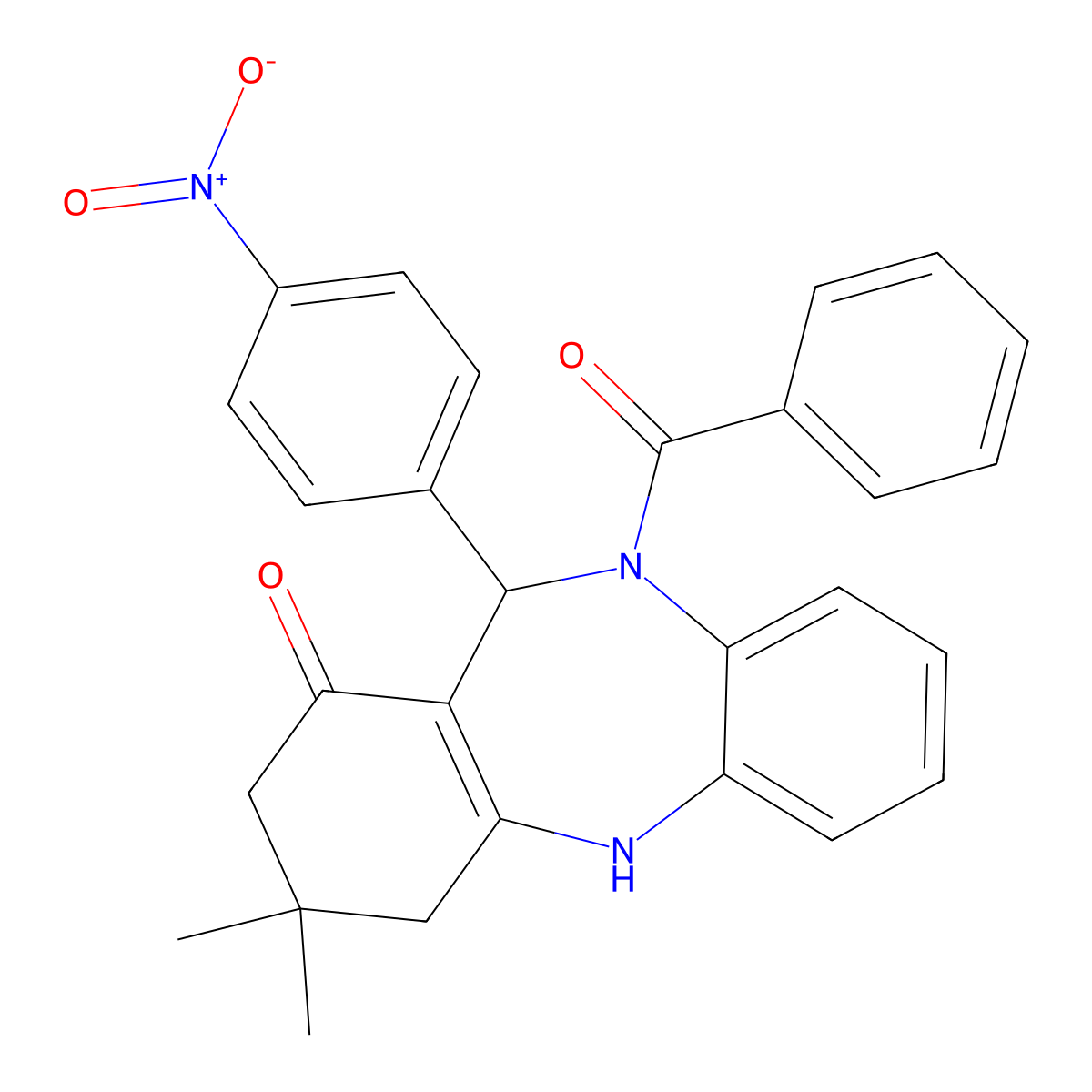 5-Benzoyl-9,9-dimethyl-6-(4-nitrophenyl)-6,8,10,11-tetrahydrobenzo[b][1,4]benzodiazepin-7-one molecular structure, CAS 353774-50-2