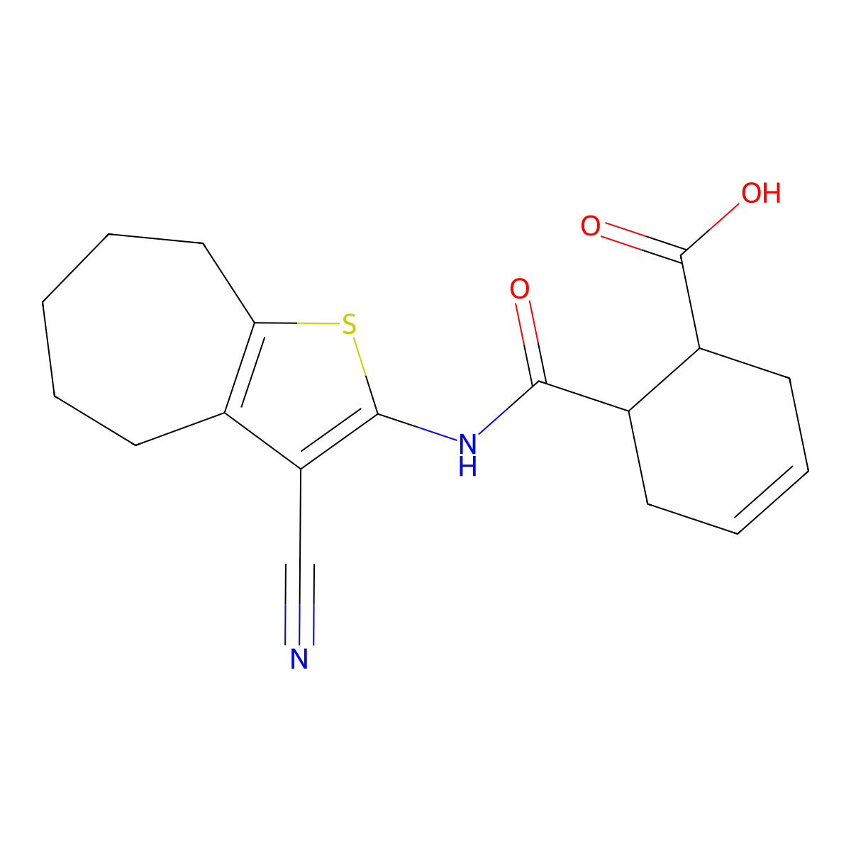 6-[(3-cyano-5,6,7,8-tetrahydro-4H-cyclohepta[b]thiophen-2-yl)carbamoyl]cyclohex-3-ene-1-carboxylic acid molecular structure, CAS 353775-32-3