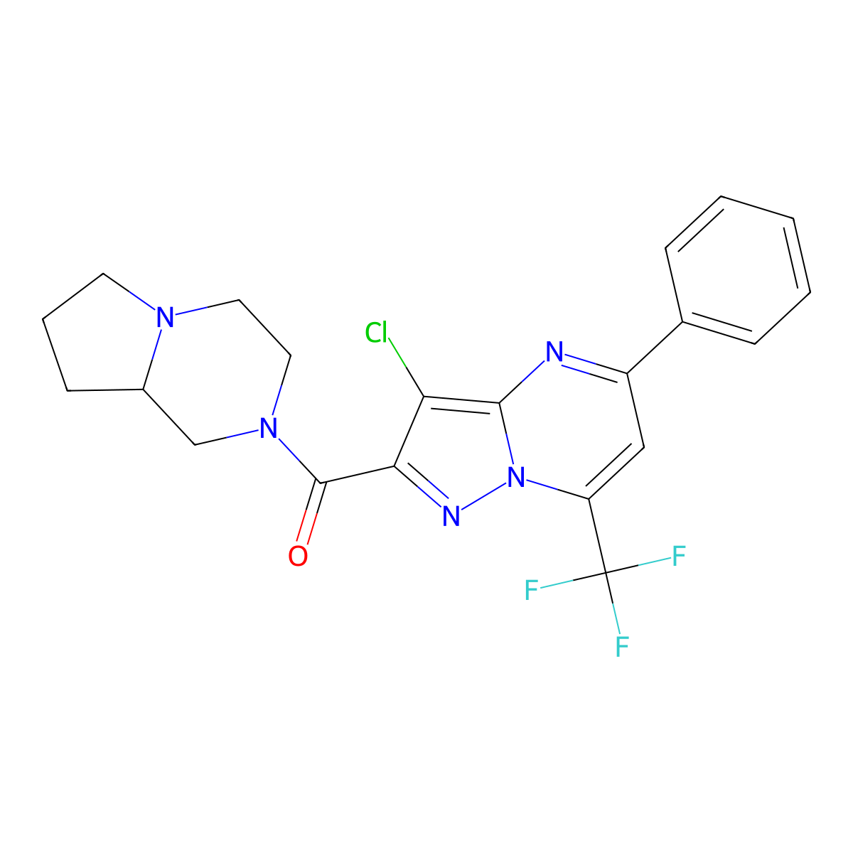3-chloro-2-(hexahydropyrrolo[1,2-a]pyrazin-2(1H)-ylcarbonyl)-5-phenyl-7-(trifluoromethyl)pyrazolo[1,5-a]pyrimidine molecular structure, CAS 353775-55-0