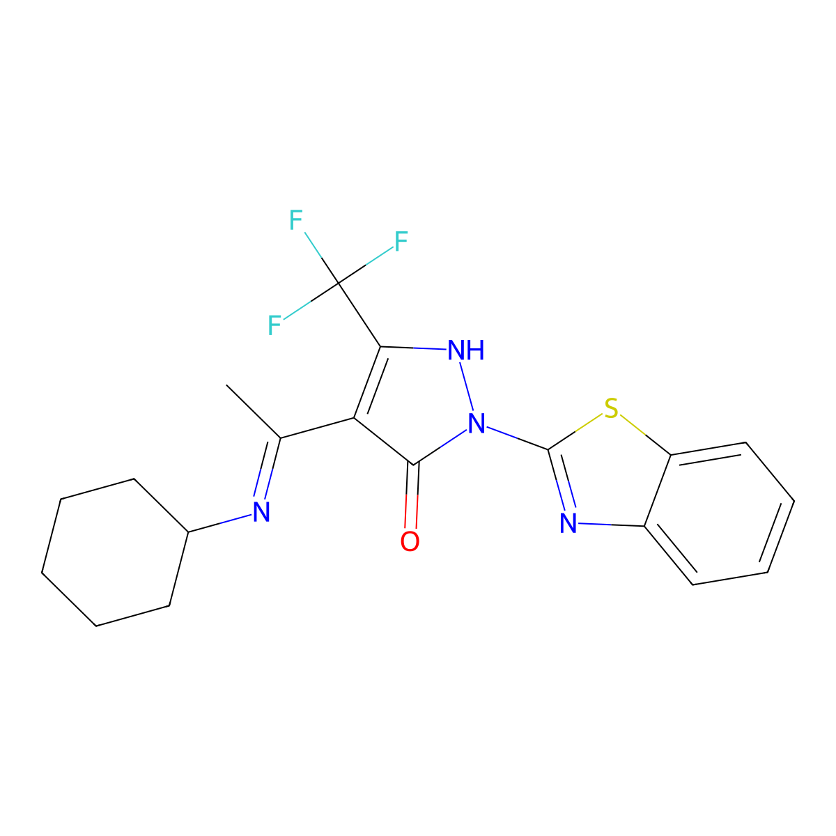 (4E)-2-(1,3-benzothiazol-2-yl)-4-[1-(cyclohexylamino)ethylidene]-5-(trifluoromethyl)-2,4-dihydro-3H-pyrazol-3-one molecular structure, CAS 353775-57-2