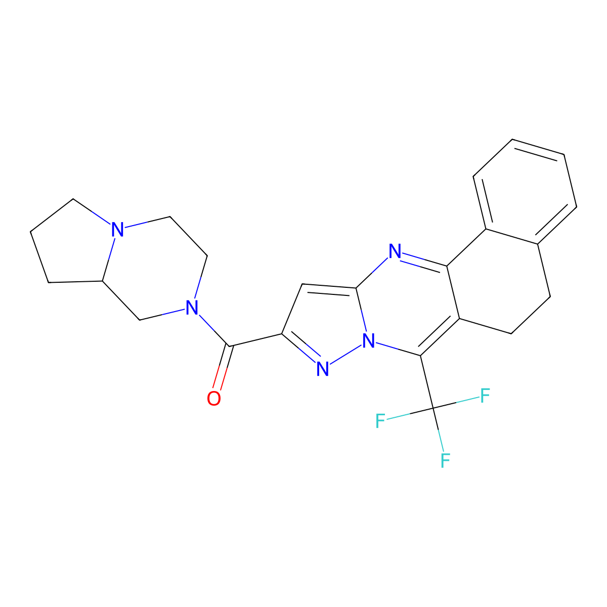 10-(hexahydropyrrolo[1,2-a]pyrazin-2(1H)-ylcarbonyl)-7-(trifluoromethyl)-5,6-dihydrobenzo[h]pyrazolo[5,1-b]quinazoline molecular structure, CAS 353775-58-3