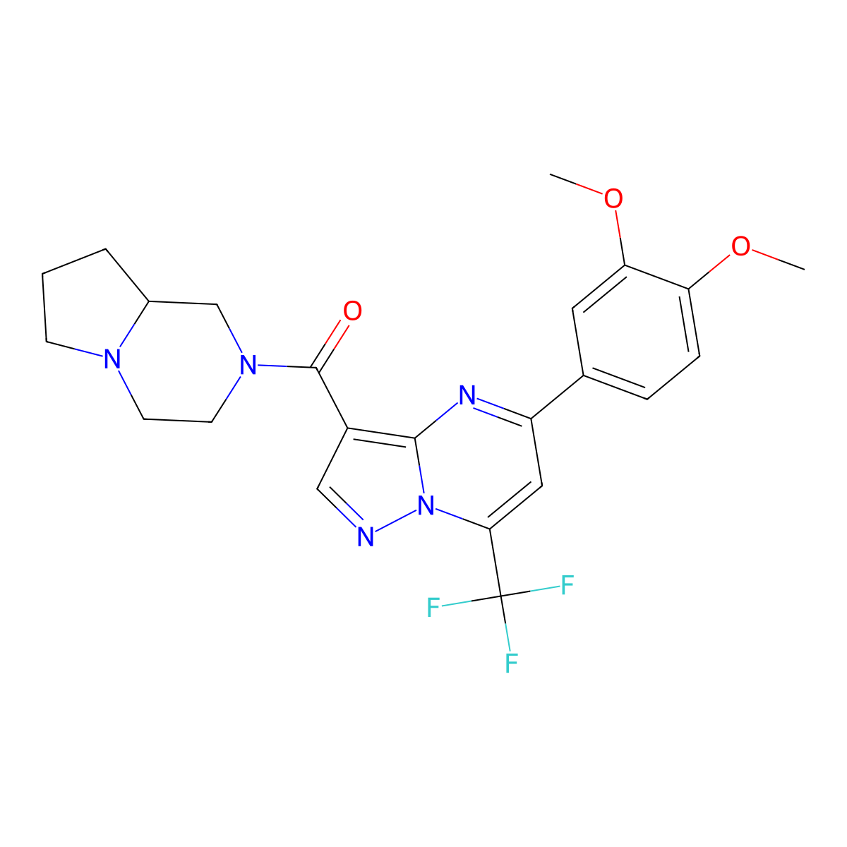 5-(3,4-dimethoxyphenyl)-3-(hexahydropyrrolo[1,2-a]pyrazin-2(1H)-ylcarbonyl)-7-(trifluoromethyl)pyrazolo[1,5-a]pyrimidine molecular structure, CAS 353775-63-0