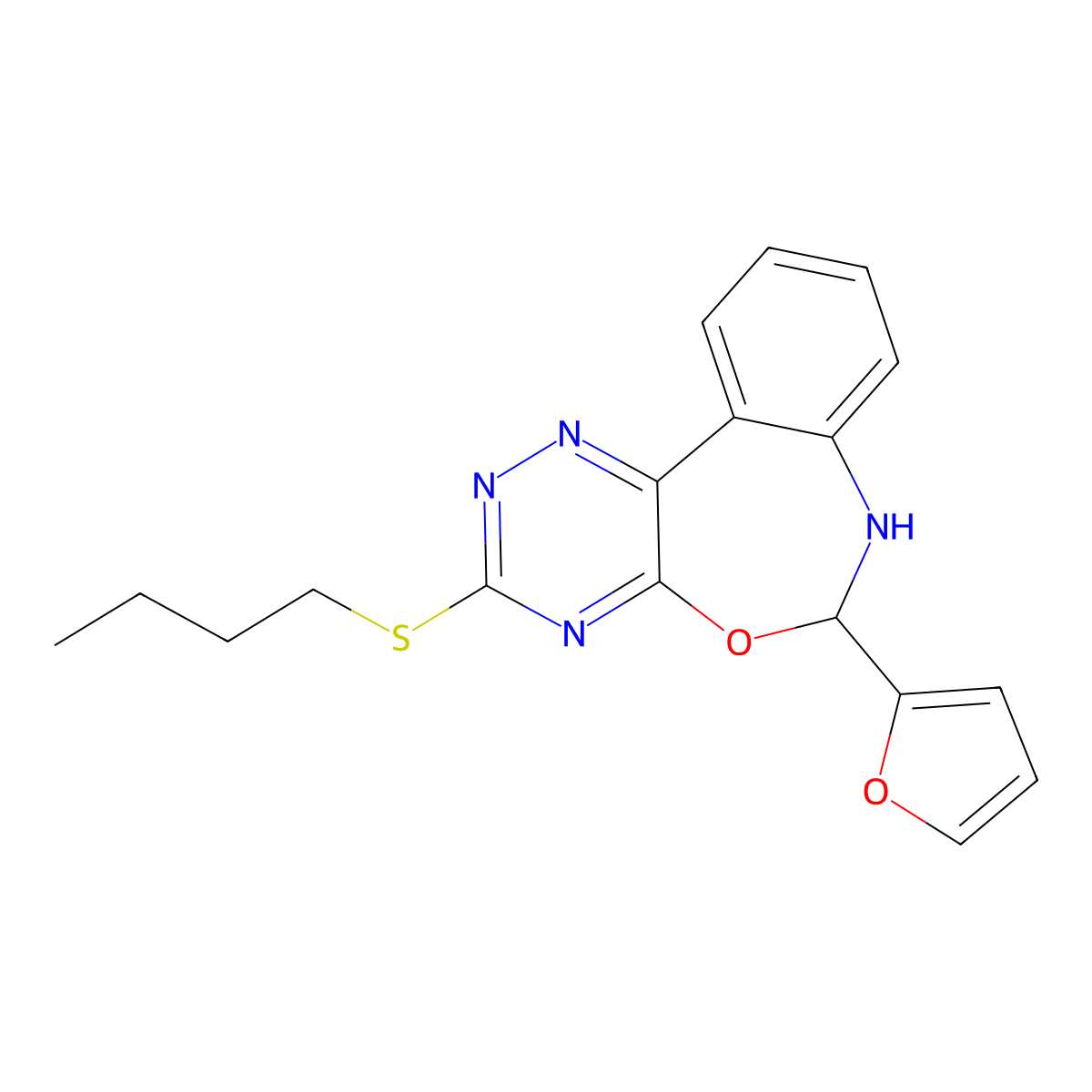 3-Butylsulfanyl-6-(furan-2-yl)-6,7-dihydro-[1,2,4]triazino[5,6-d][3,1]benzoxazepine molecular structure, CAS 353777-00-1