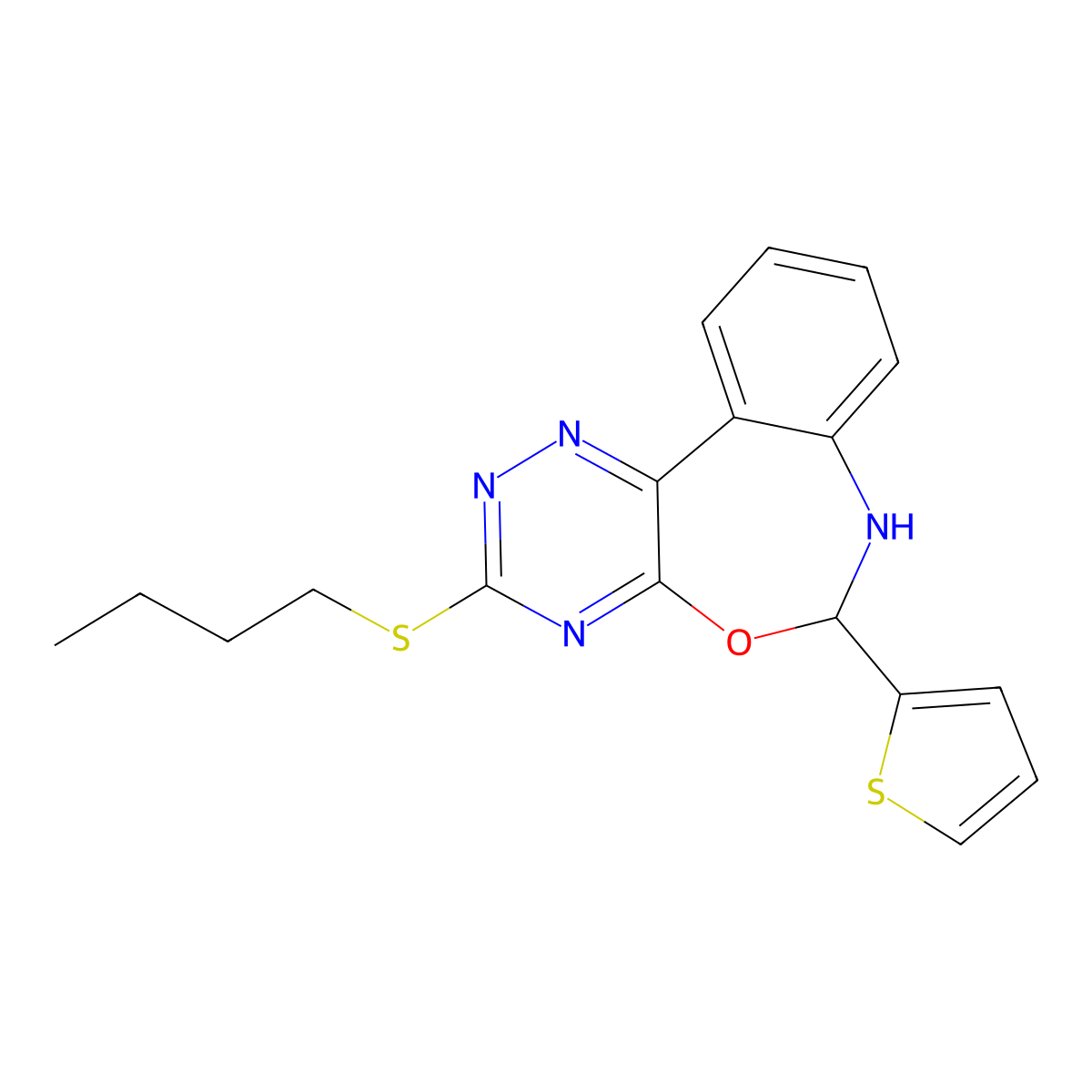 3-(Butylsulfanyl)-6-(2-thienyl)-6,7-dihydro[1,2,4]triazino[5,6-d][3,1]benzoxazepine molecular structure, CAS 353777-01-2