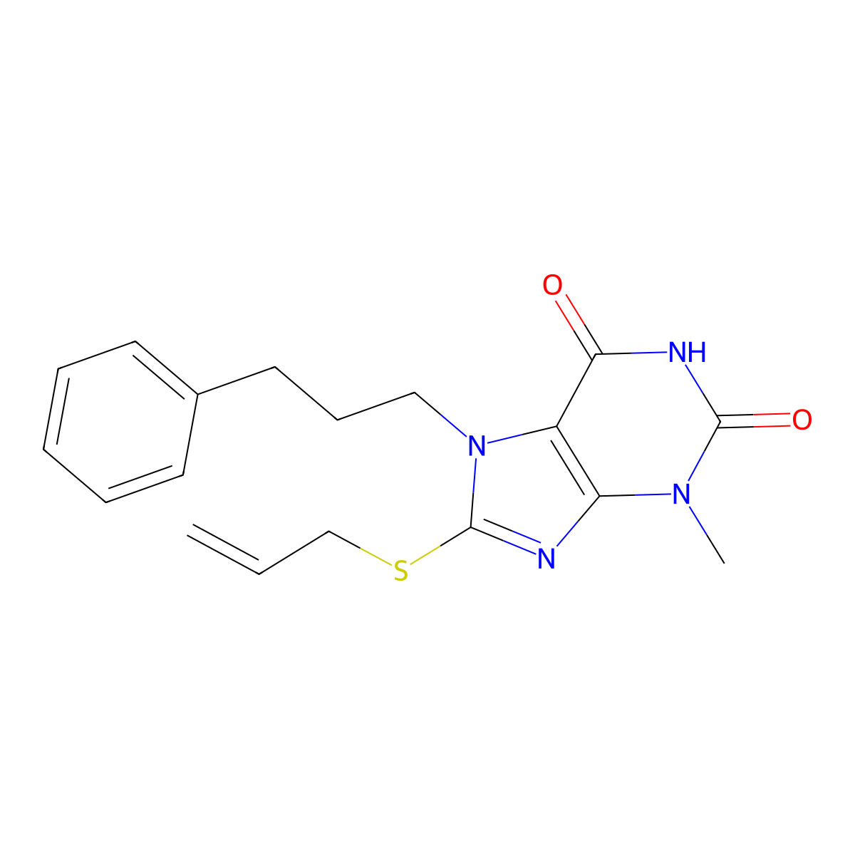 3-methyl-7-(3-phenylpropyl)-8-(prop-2-en-1-ylsulfanyl)-2,3,6,7-tetrahydro-1H-purine-2,6-dione molecular structure, CAS 353777-17-0