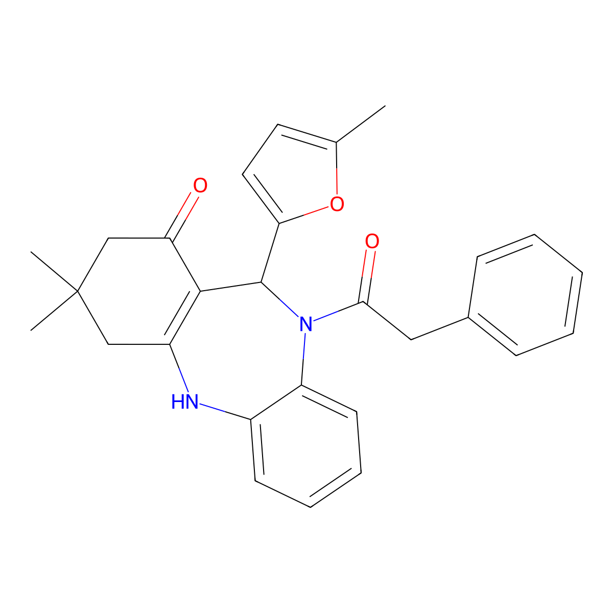 9,9-Dimethyl-6-(5-methylfuran-2-yl)-5-(2-phenylacetyl)-6,8,10,11-tetrahydrobenzo[b][1,4]benzodiazepin-7-one molecular structure, CAS 353780-88-8