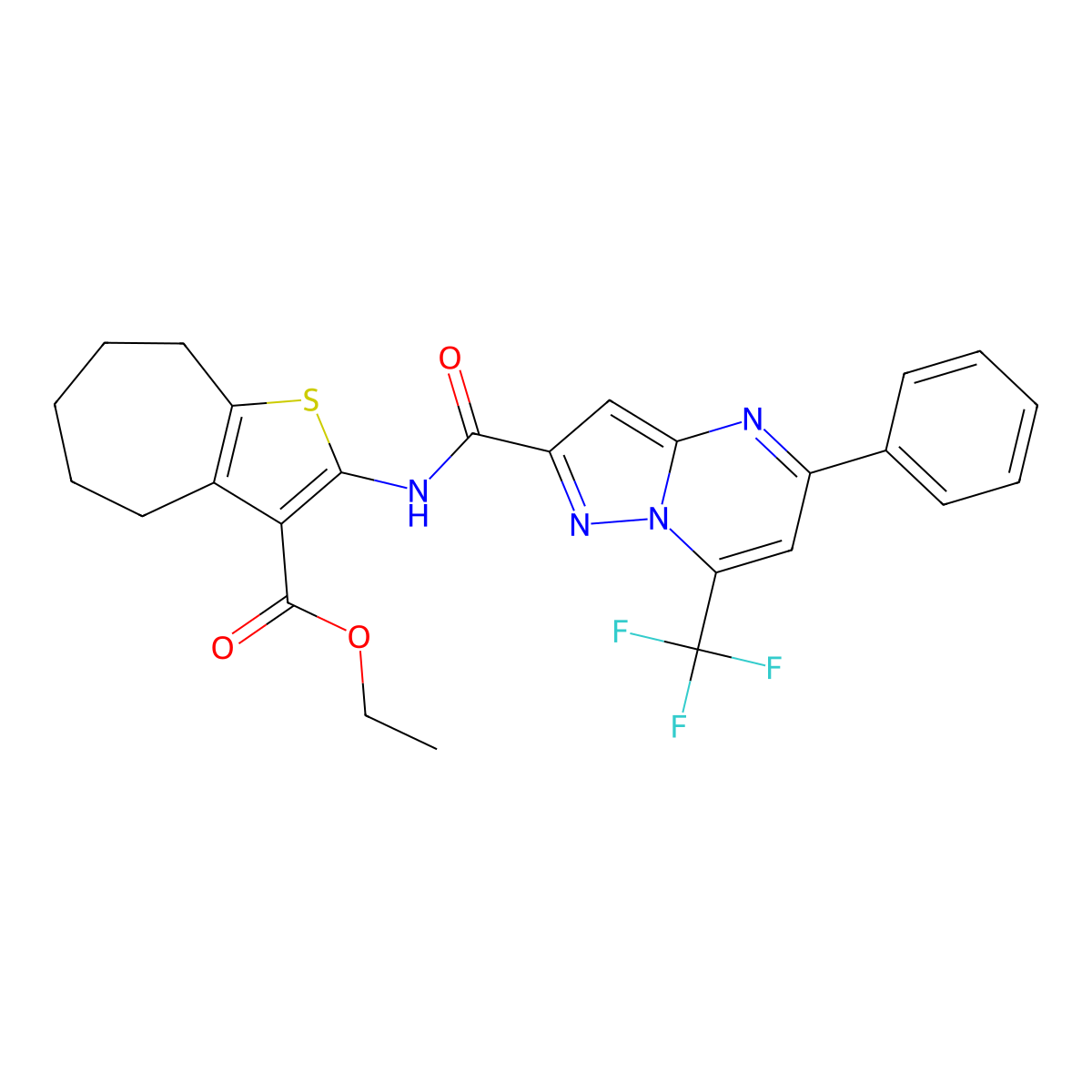 ethyl 2-({[5-phenyl-7-(trifluoromethyl)pyrazolo[1,5-a]pyrimidin-2-yl]carbonyl}amino)-5,6,7,8-tetrahydro-4H-cyclohepta[b]thiophene-3-carboxylate molecular structure, CAS 353781-31-4